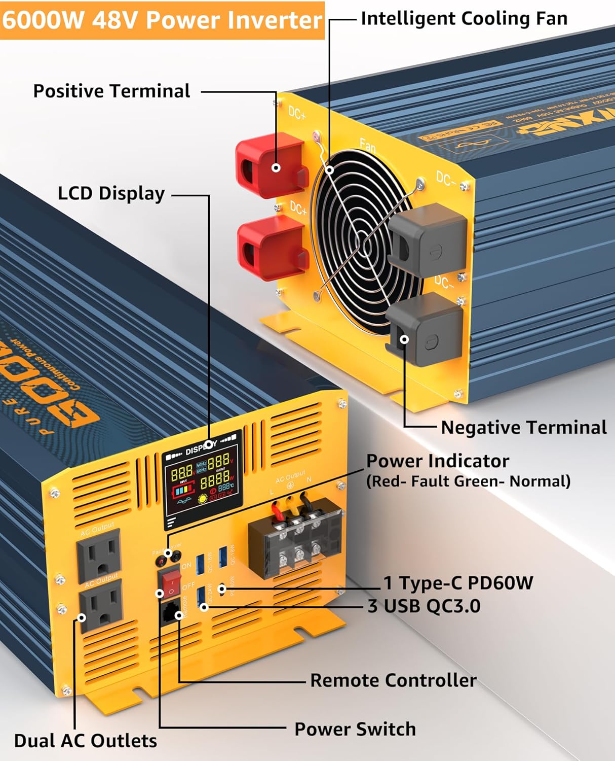 6000 Watt Power Inverter Pure Sine Wave 48V DC to 110V 120V Heavy Duty Inverter with Remote Control and LED Display, 4 USB/Type-C Ports & 2 AC Outlets Car Charger for Vehicles RV