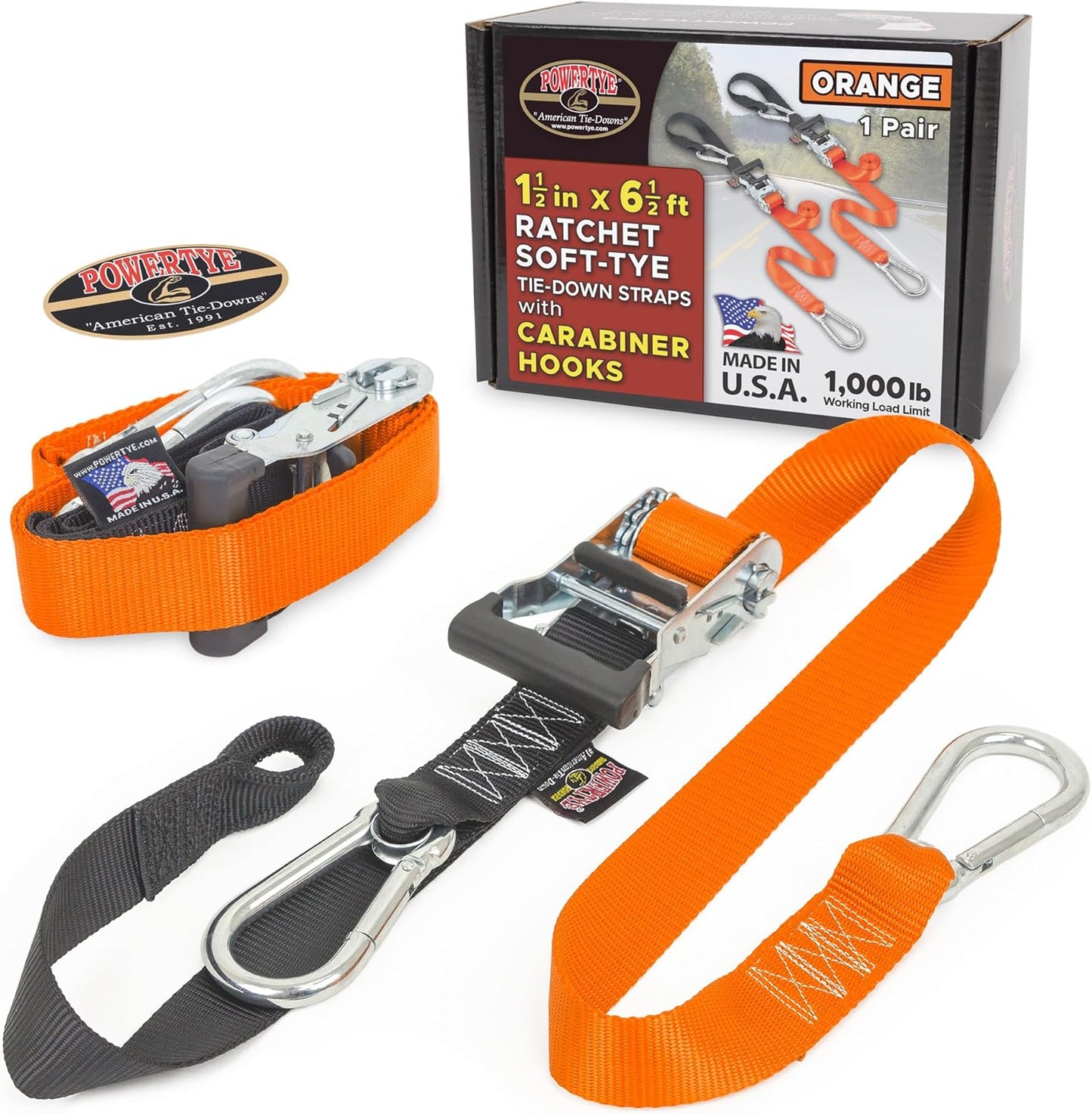 PowerTye 1.5in x 6.5ft Heavy Duty Ratchet Tie-Down Straps with Soft-Tye and Carabiner Hooks - 1,000 lb Working Load Limit / 3,000 lb Breaking Strength - Made in USA - Orange/Black Pair