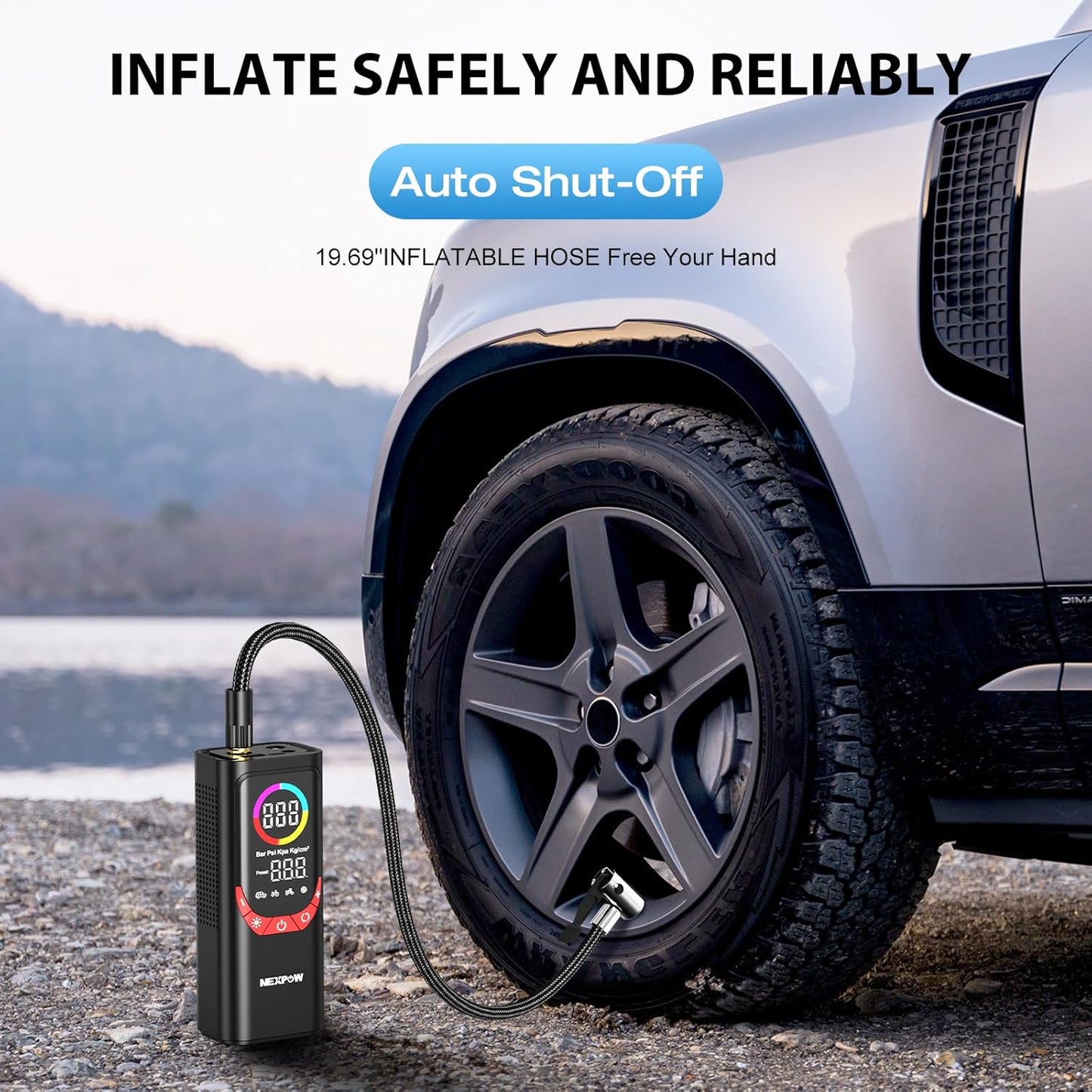 NEXPOW NP17 Portable Air Compressor, 150 PSI Digital Tire Inflator, Fast Inflation with Auto Shut-Off, LED Light, Multiple Nozzles for Car, Bike, and Ball, Compact Design, Red