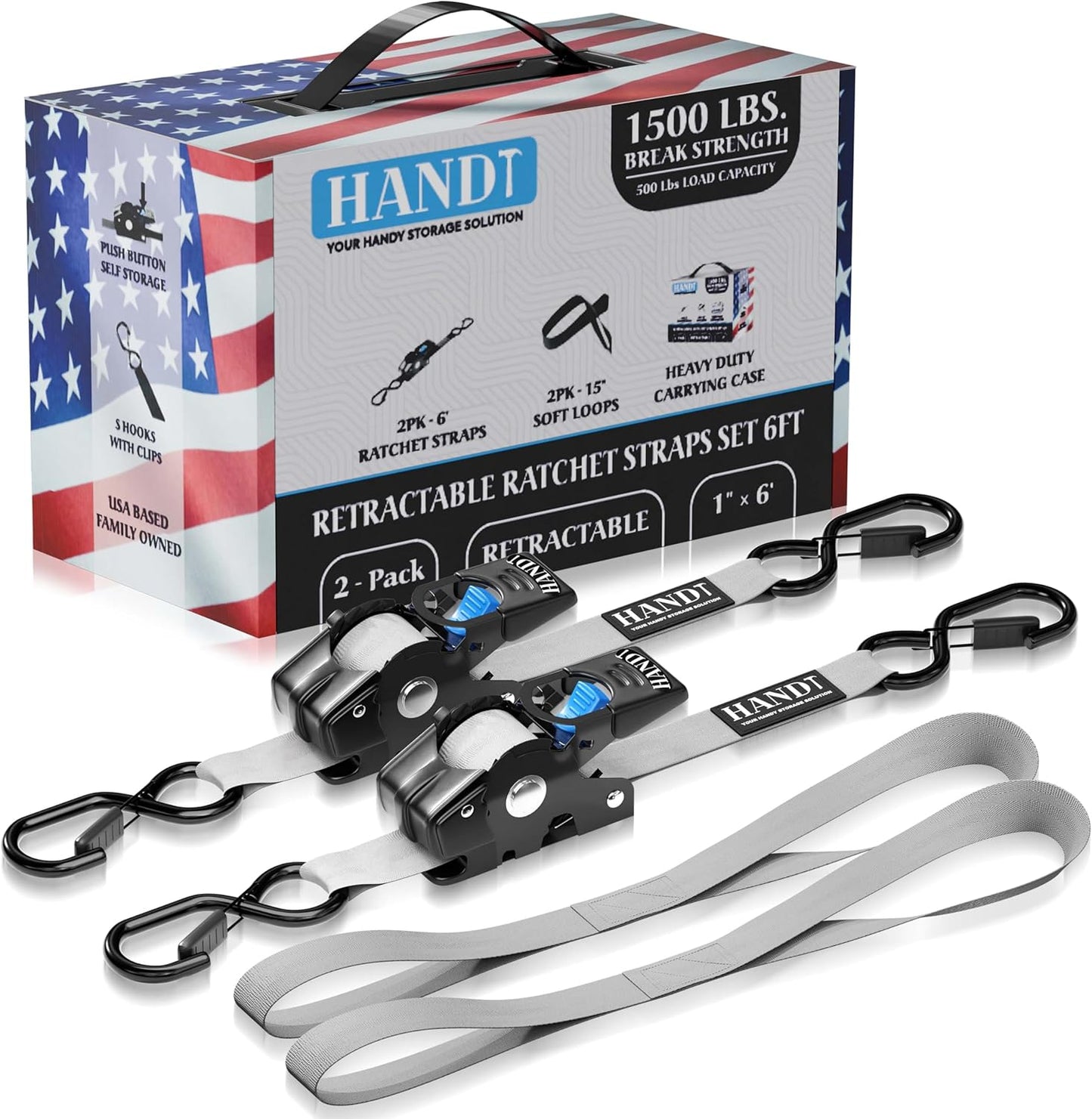 HandT USA Based Retractable Ratchet Straps (2PK) 1in x 6ft - 1,500lb Break Strength, Heavy Duty Automatic Ratchet Straps Self Retractable Tie Down, Push Button Retracting Truck Trailer Cargo | Gray
