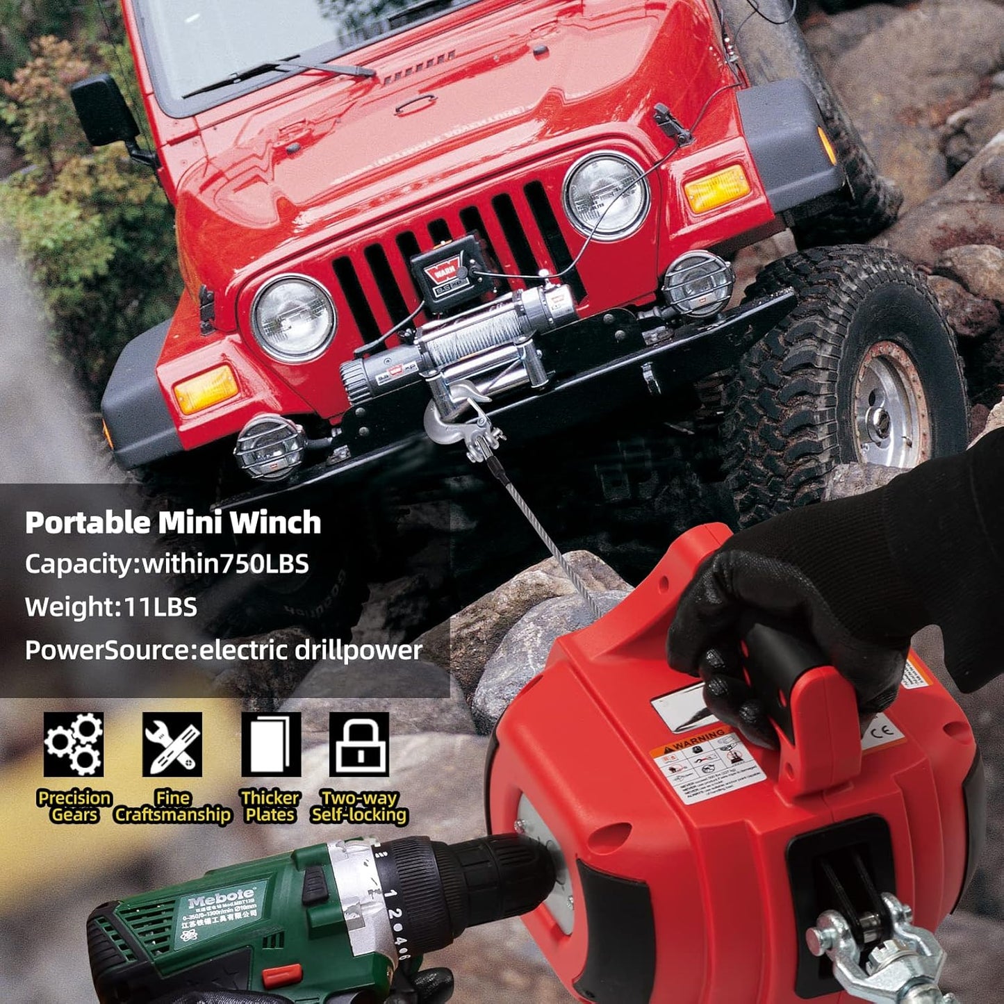 Portable Drill Winch, Rotate The Hook 360 Degrees, Red Handheld Drill Winch/Hoist of 750 LB Capacity with 40 Foot Alloy Wire Rope for Lifting & Dragging, Stretched Wire Fence, Log Handling.