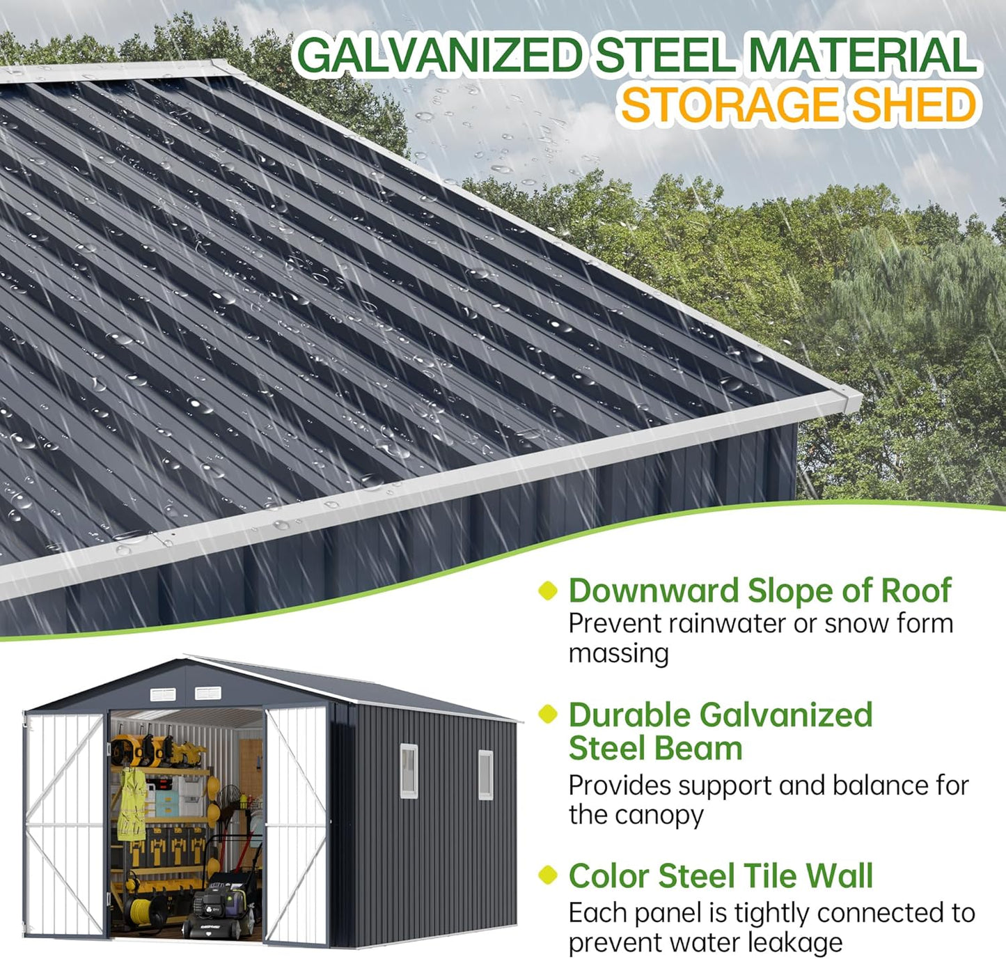 Breezz Outdoor Storage Shed 10 x 12 ft. Utility Tool Shed Metal Storage Garden Shed with Lockable Doors, Windows & Metal Frame Floor for Patio Storage, Nightblue