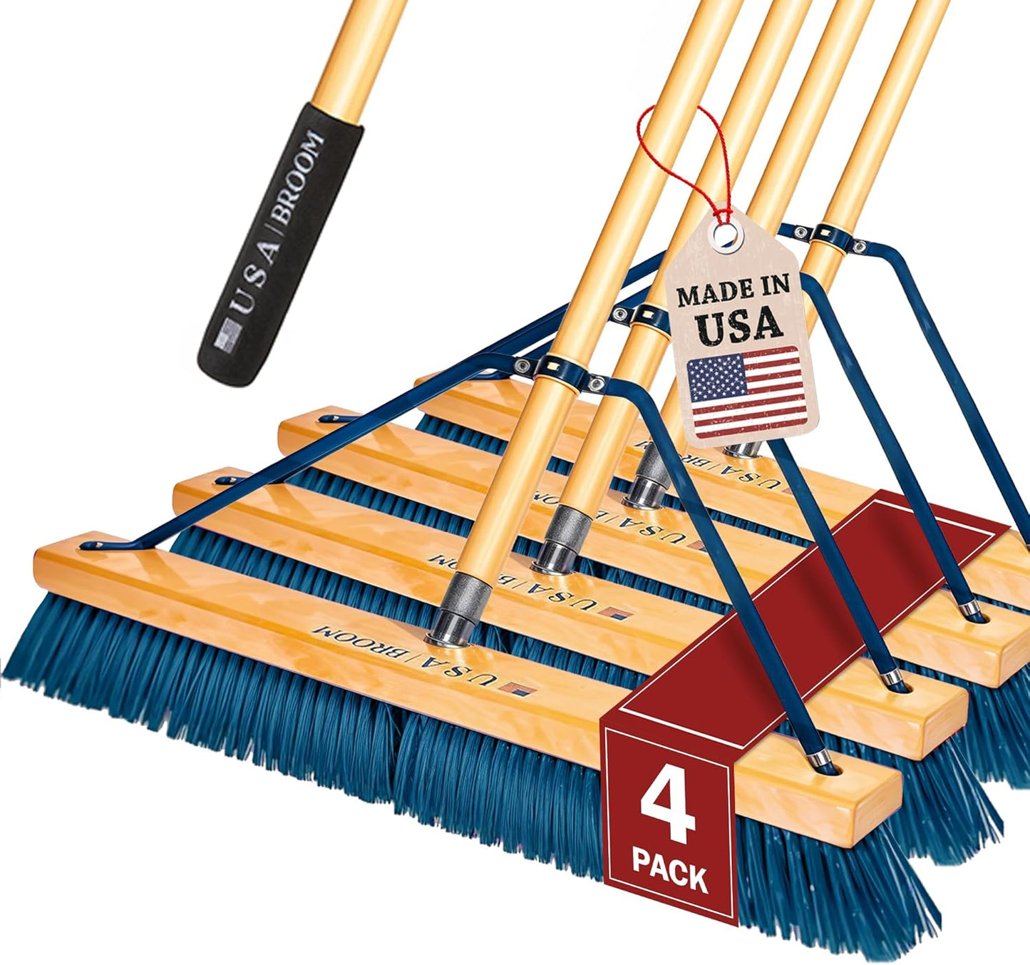 4 Pack Bundle- 24" Everyday Sweep Indoor/Outdoor Push Broom with 60" Handle. Ideal for Garages & Shops. American Made Steel Brackets-All Stainless Steel Hardware. No Plastic. 100% Made in The USA.