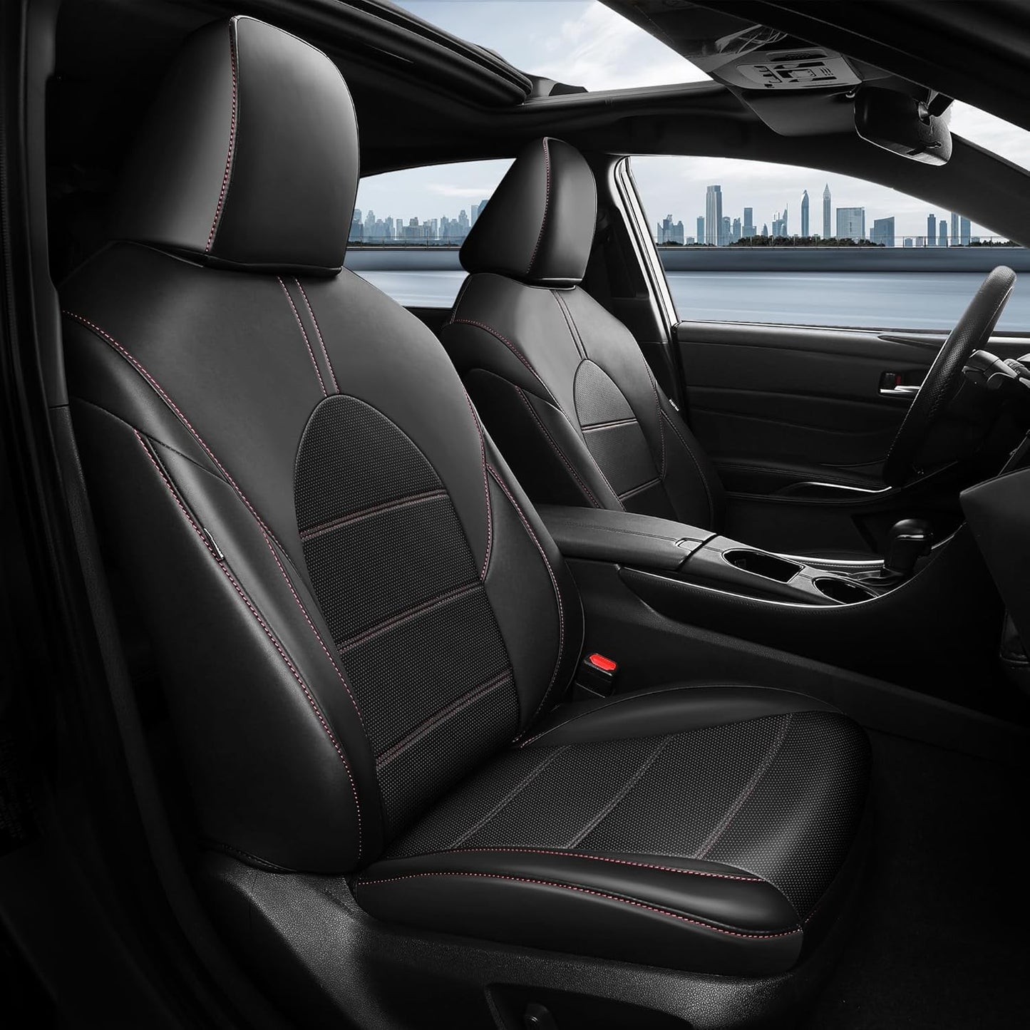 for Toyota Camry Seat Covers Hybrid LE SE 2018 2019 2020 2021 2022 2023 2024 - Custom Car Seat Covers Full Set, Leather Seat Cover for Cars, Waterproof Breathable Cushion Protectors Black Red