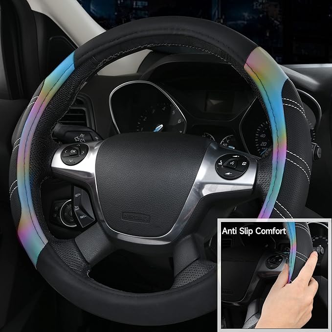 CAR PASS Leather Steering Wheel Cover and Waterproof Car Floor Mats,Microfiber Universal Car Combo Fit for 95% Sedan,SUV,Cars,14.5-15inch Sporty Anti-Slip Safety Comfortable Design(Black＆Reflective)