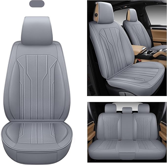 AOOG Leather Car Seat Covers, Leatherette Automotive Seat Covers for Cars SUV Pick-up Truck, Non-Slip Vehicle Car Seat Covers Universal Fit Set for Auto Interior Accessories, Full Set, Gray
