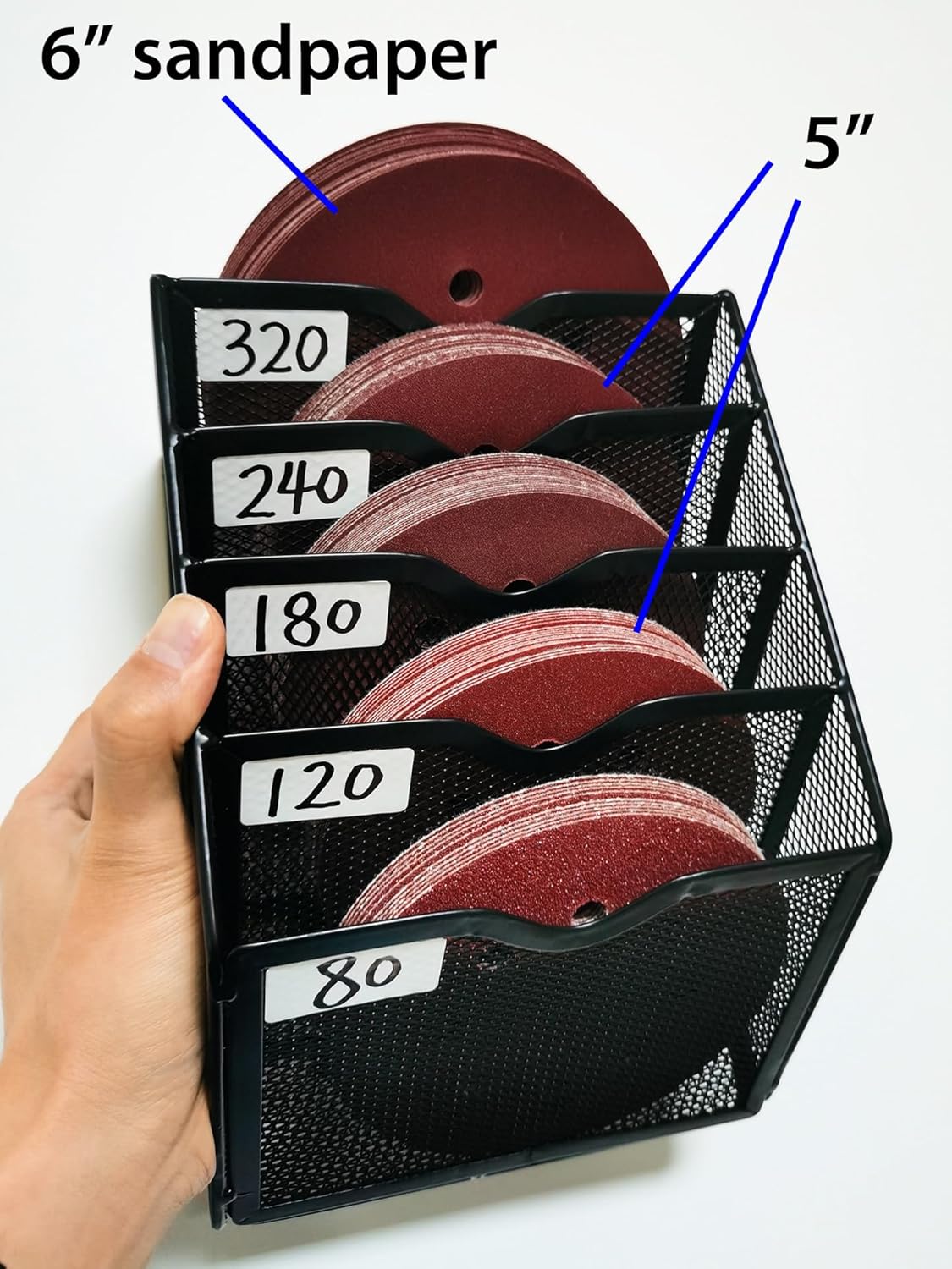 5-Tier Wall Mount All Metal Sandpaper Organizer, Hanging Sandpaper Storage Rack Holder for 5" & 6" Sanding Discs, Woodworking Tool Box Accessories (Black)