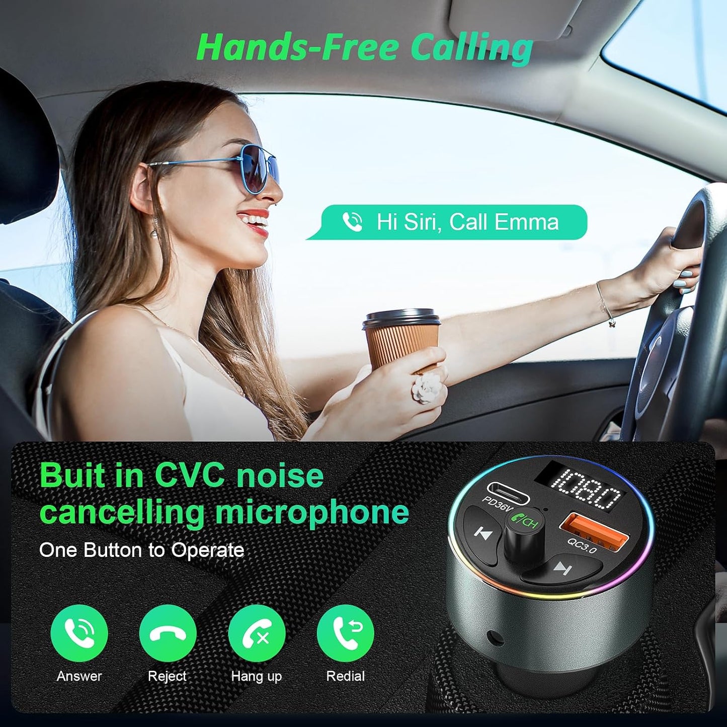 FM Transmitter Bluetooth 5.3 - SOARUN Fast Car Charger Adapter 54W [PD 36W & QC3.0 18W], Support Wireless Radio, Aux 3.5mm, Hands-Free Calling with 9 Colors LED Backlit