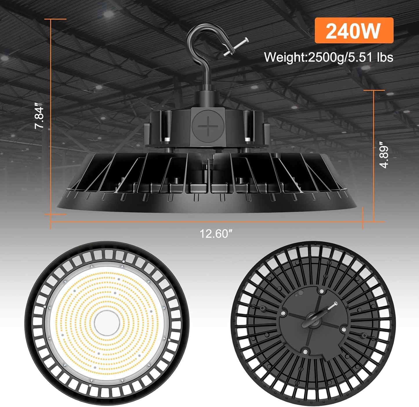 LED High Bay Lights, 240W UFO High Bay LED Shop Lights, 36000LM Adjustable CCT(5700K 5000K 4500K) & Power(240W 200W 150W), 0-10V Dimmable, 5' Cable Plug, IP65 Waterproof, ETL & DLC Listed High Bay