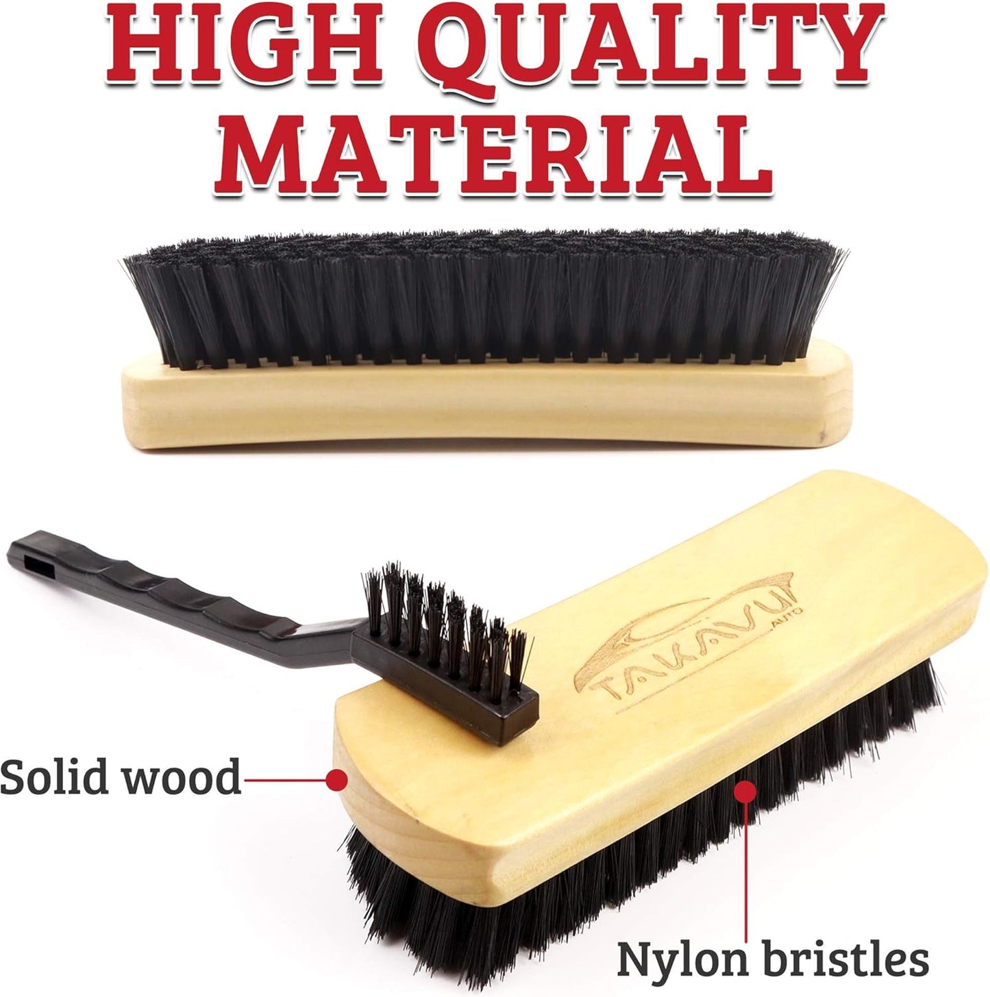 Leather & Textile Shine Brush by TAKAVU, Durable Soft Nylon Bristles, Included Detailing Cleaning Brush, Unique Concave Design Wood Handle for Car Interior Seat Carpet Upholstery Couch Boots Shoes