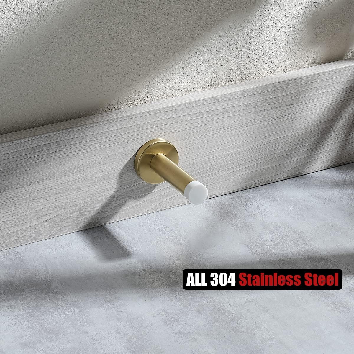 JQK Door Stopper Gold, 304 Stainless Steel Thicken 1mm Sound Dampening Door Stop Bumper Wall Protetor 2 Pack, Brushed Gold Black Tip, DSB5-WG-P2