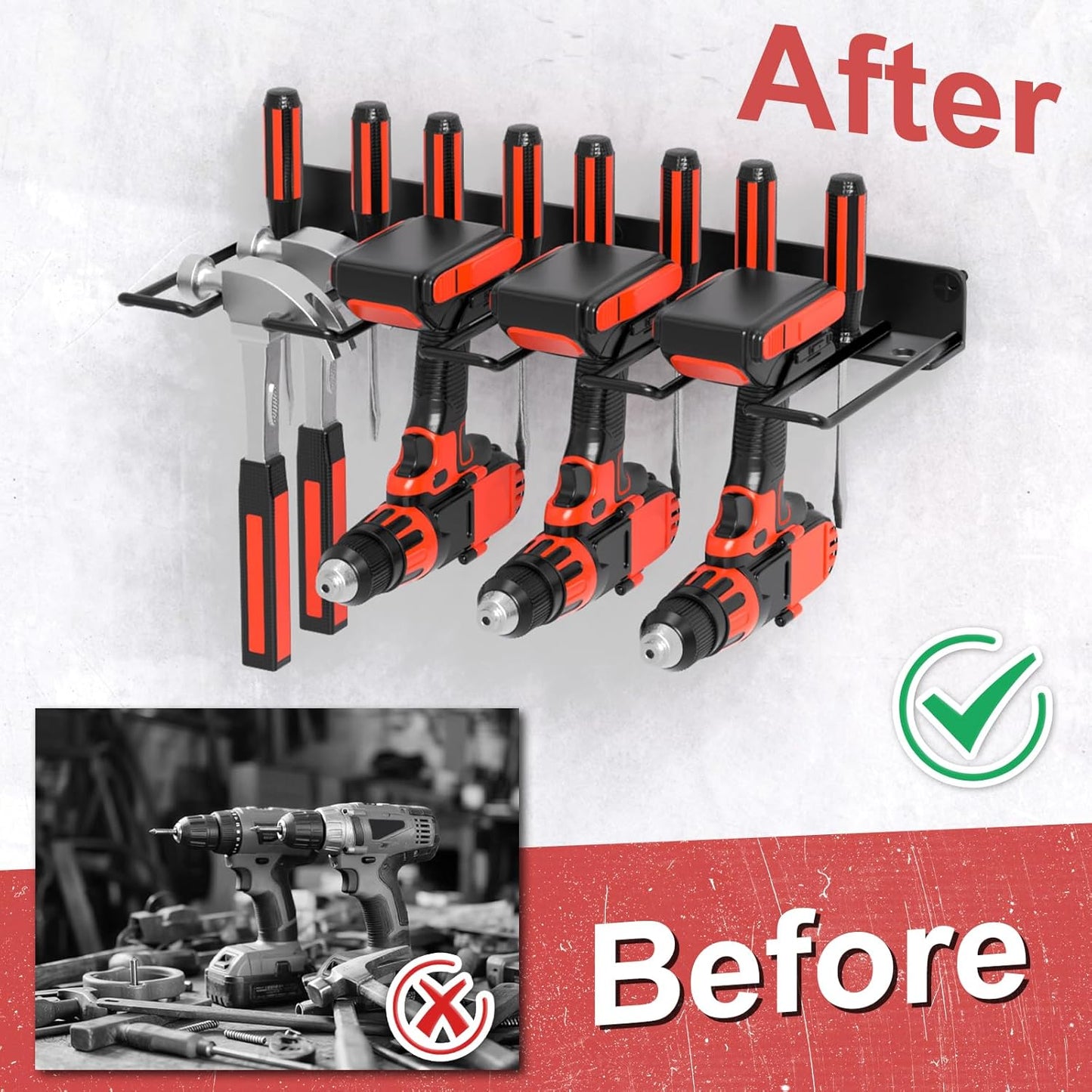 Drill Holder Power Tool Organizer Wall Mount, 4 Cordless Drill Racks with Screwdriver Hole, Heavy Duty Metal Garage Tool Organizer Storage for Tool Room Workshop Basement(1 Tier Black)