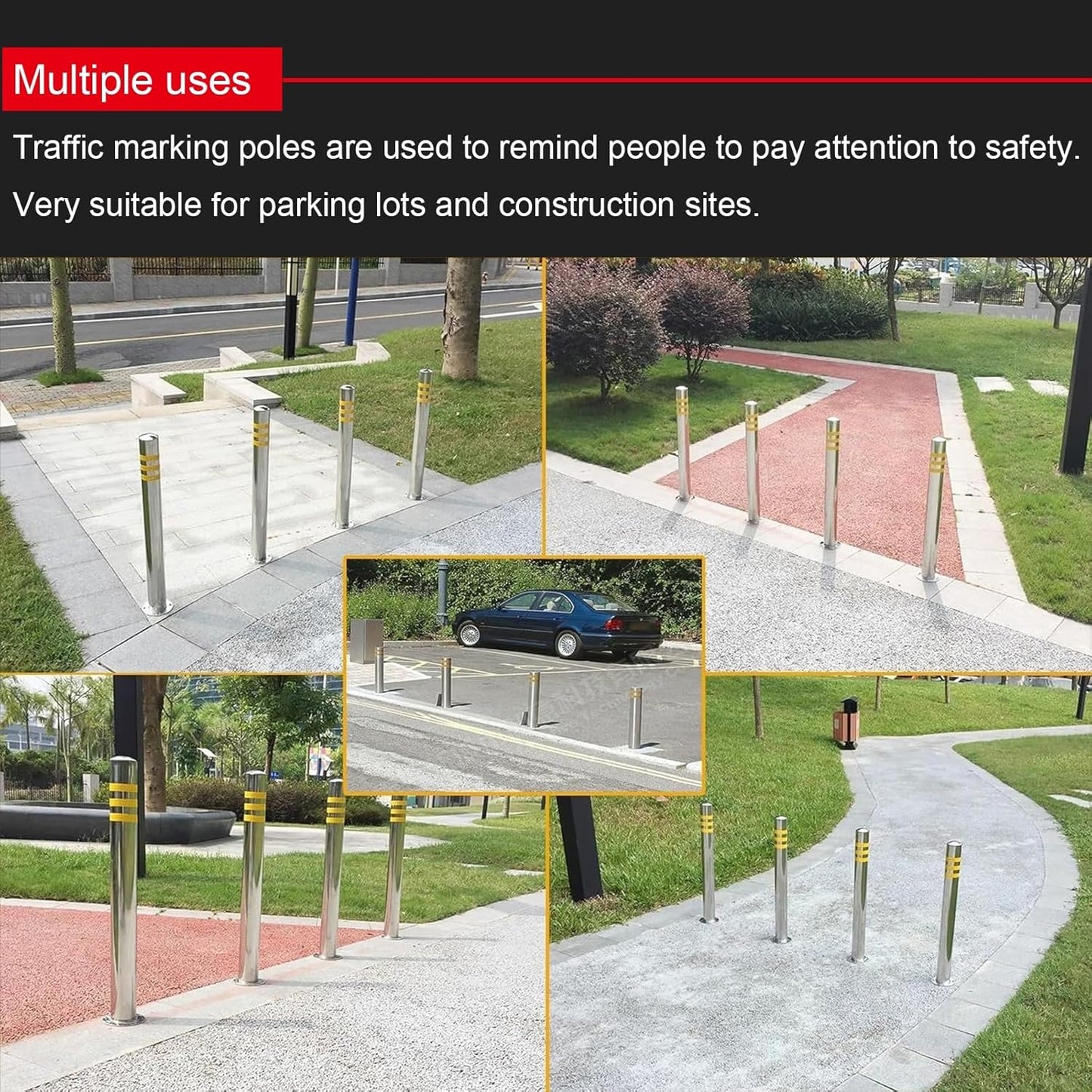 Stainless Steel Parking Bollards for Driveway, Industrial Safety Bollards Reflective Channelizer Post, Parking Barrier, Sturdy and Durable, Easy to Install, for Crowd Control(Silver (1pcs),7.6*100cm/3