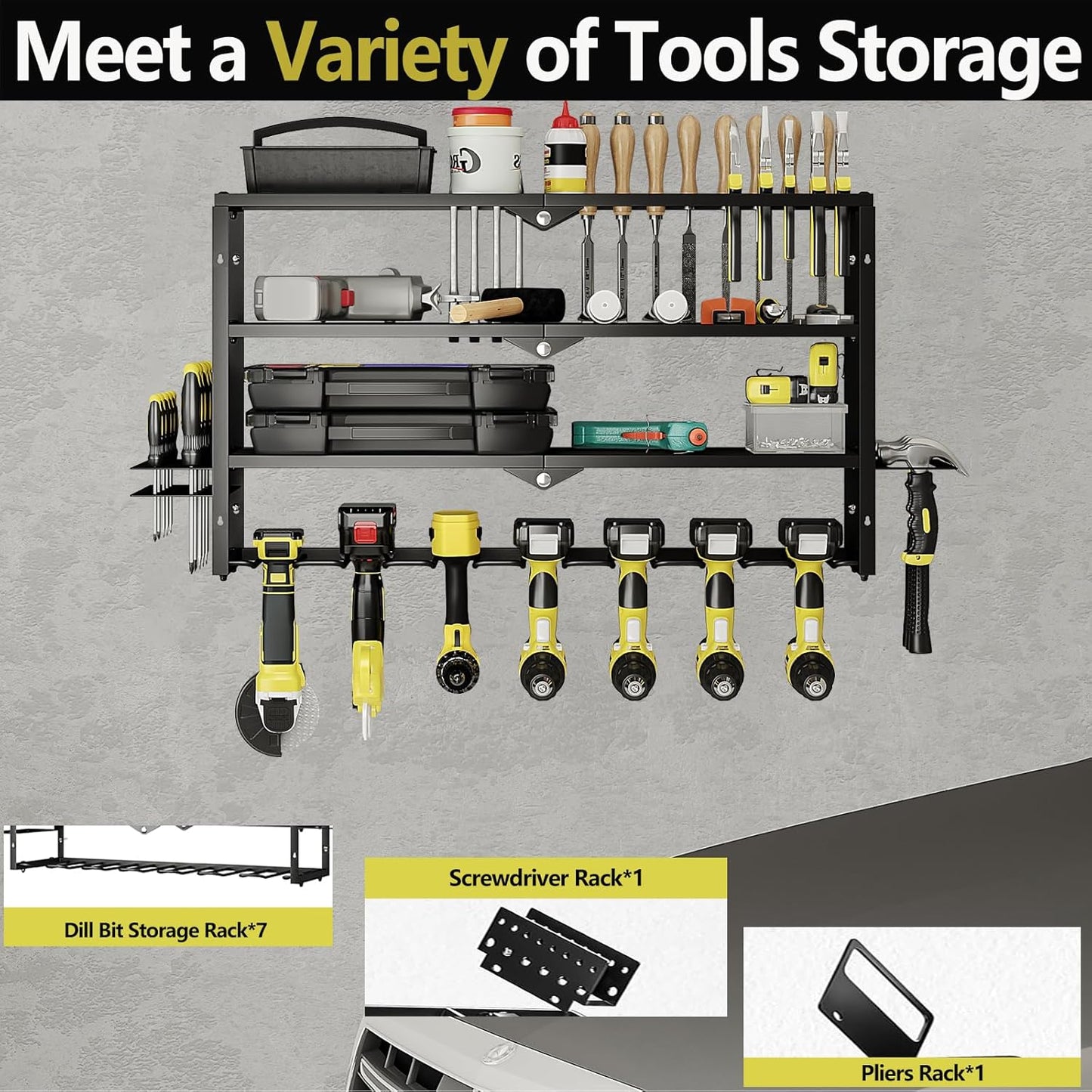 AZERPIAN Tool Organizer Heavy Duty Power Wall Mount for Drill and Cordless Tools Heavy Duty Rack for Garage Organization Workshop Pegboard (3 Layers 7 Slots)
