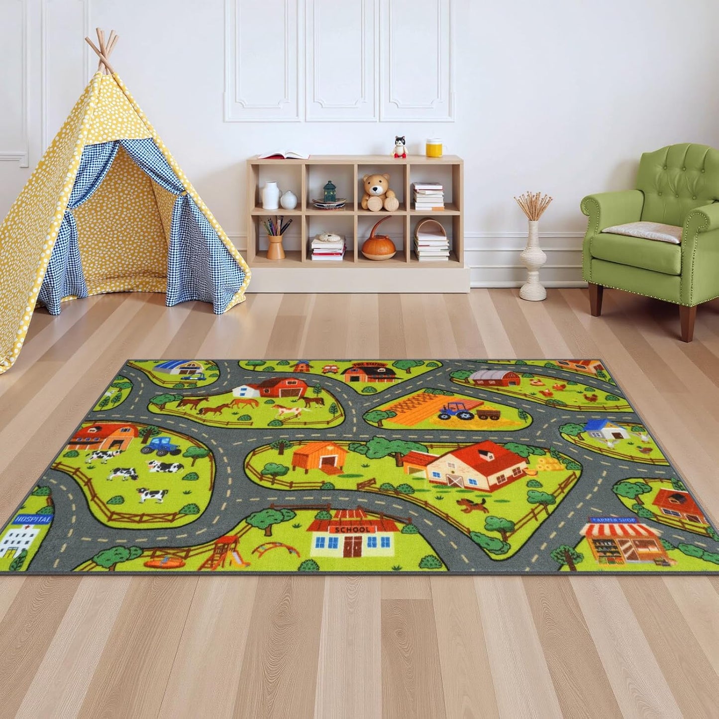 STARUIA 60" x 32" Washable Kids Rug for Playroom, Boys Baby Car Rugs for Kids Toy Cars Have Fun Safely, Educational Farm Road Play Rug Race Track Carpets for Kid Room Bedroom