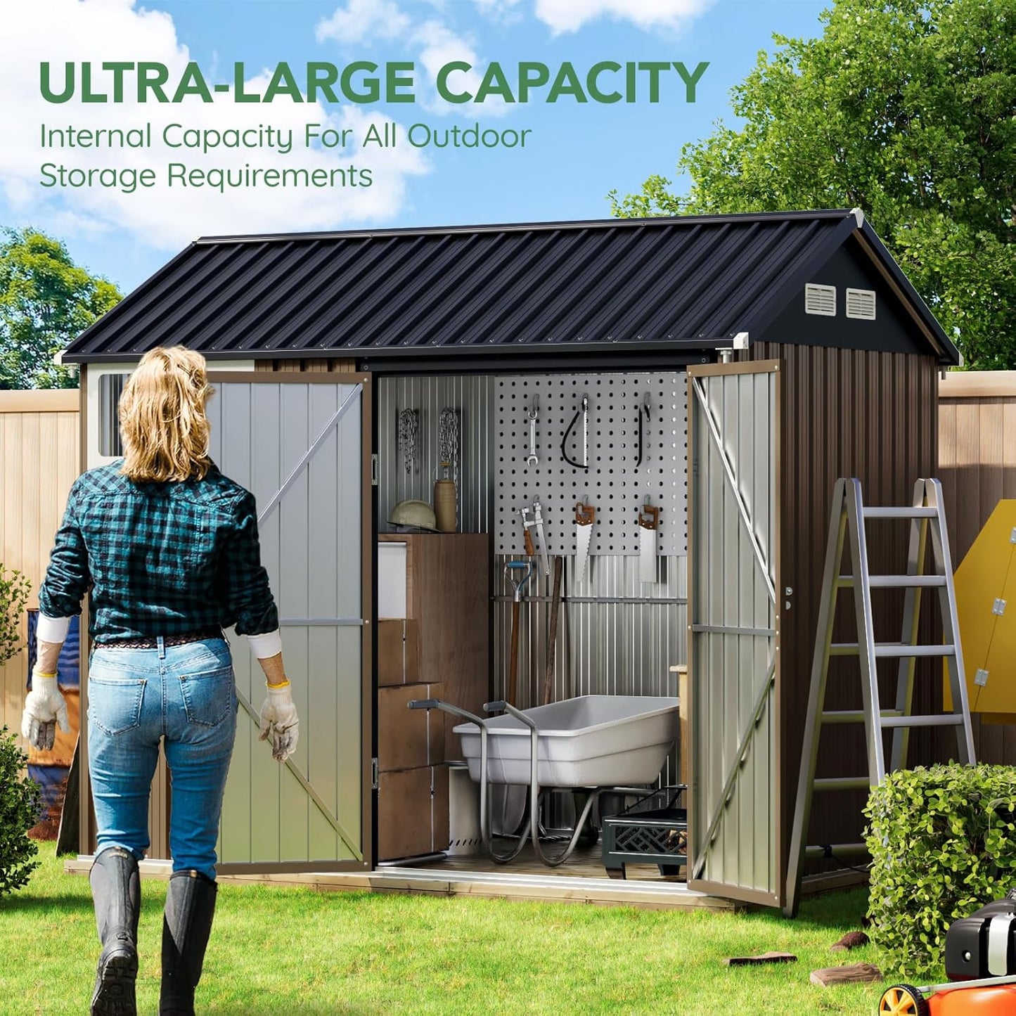 8X6FT Outdoor Steel Storage Shed with Lockable Doors, Frame Floor (No Wood/Other Boards),One Window,Ideal for Garden, Backyard, Patio Storage,Brown