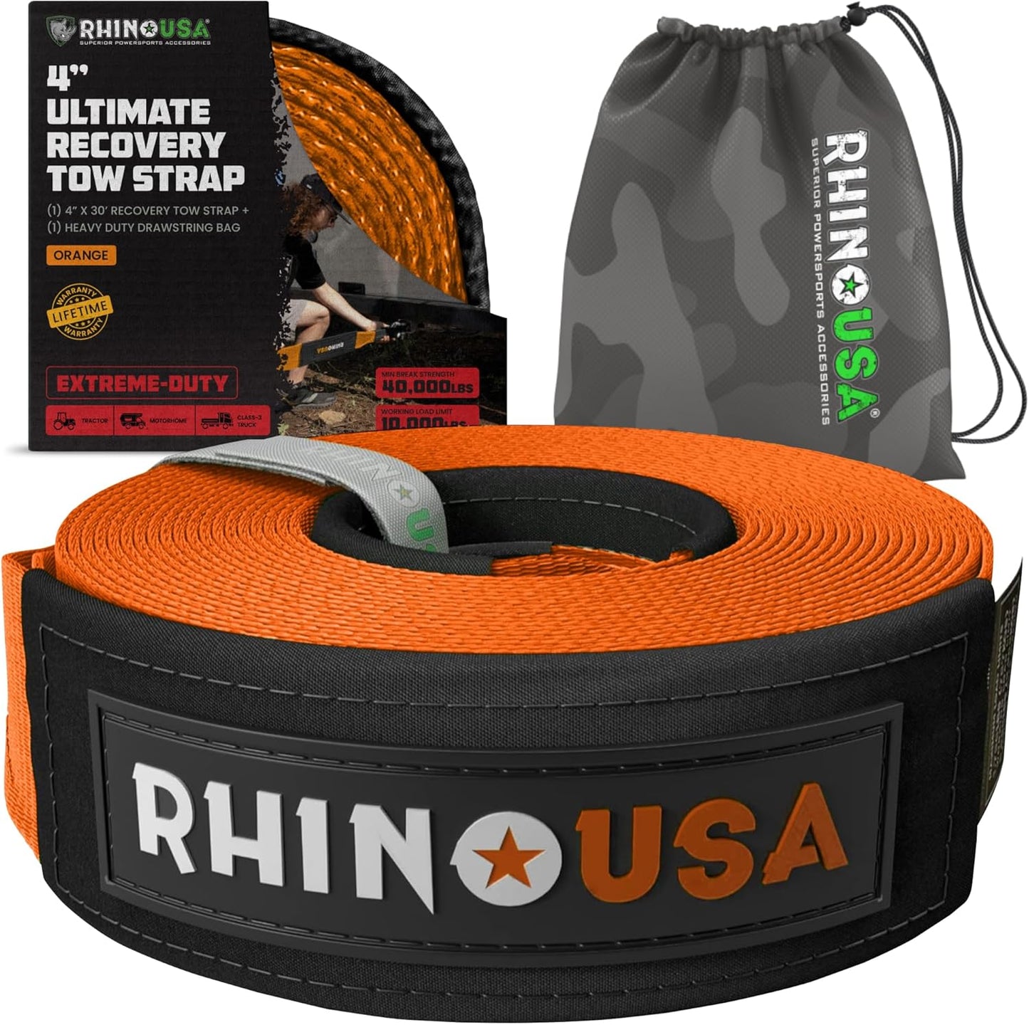 Rhino USA Recovery Tow Strap (4"x30') - 40,320lb Break Strength - Emergency Recovery Strap Tow Rope for Diesel Trucks, Backhoe, Excavators & More - Heavy Duty Towing Strap for Offroad 4x4 Use (Orange)