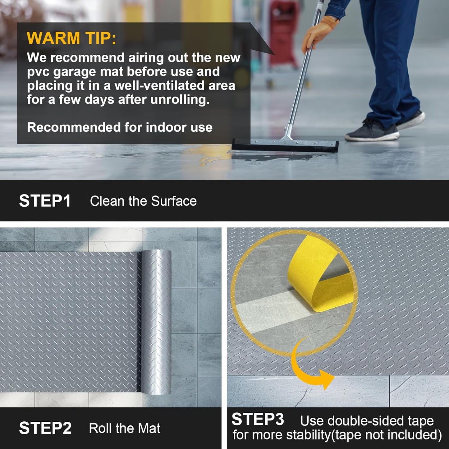 4x8FT Garage Floor Mat, 2.8mm Thickened Flooring Roll for Under Car, Golf Cart Parking Mat, Diamond Plate PVC Rubber Motorcycle Mat, Non-Slip Floor Protector for Garage Warehouse Trailer, Grey