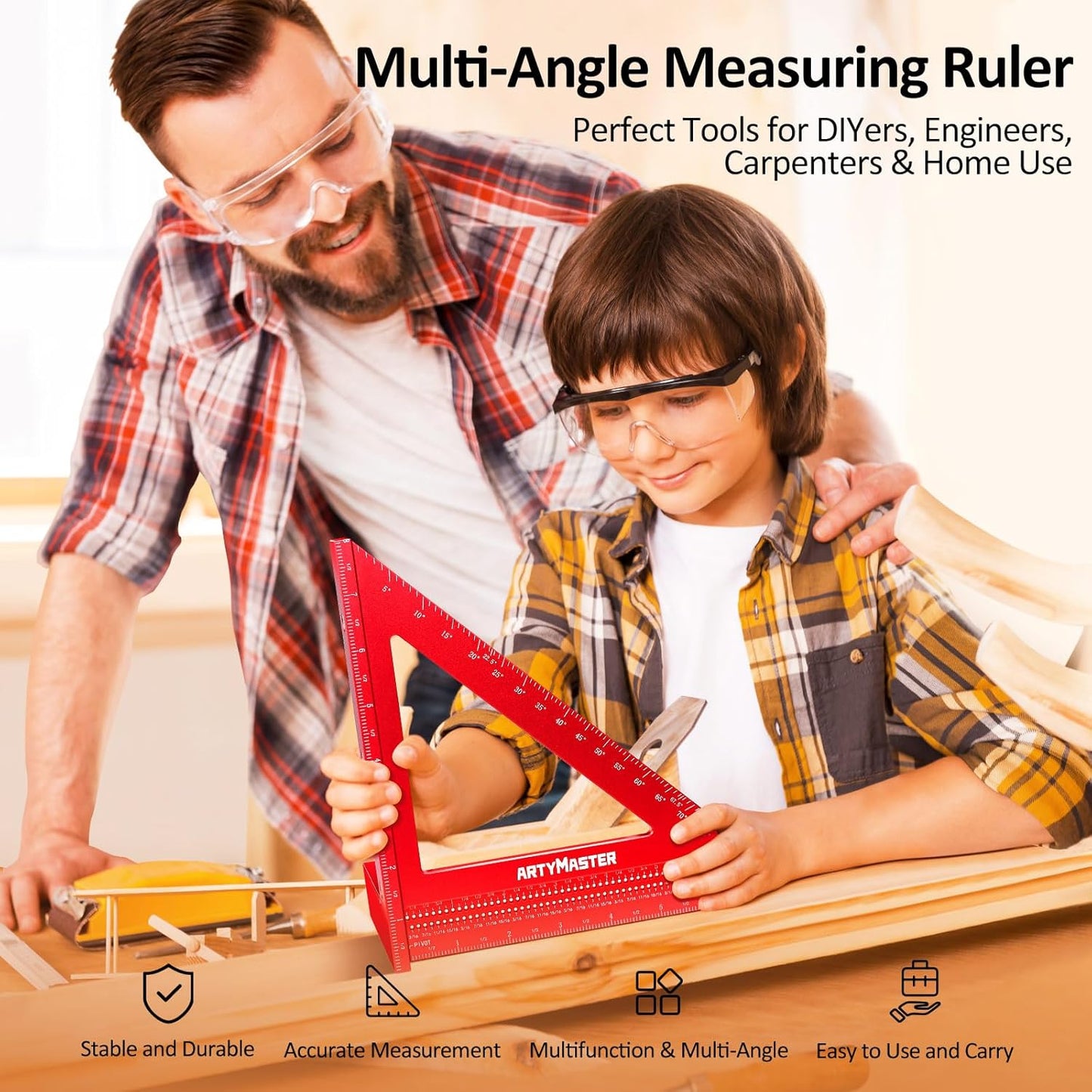 8 inch 3D Multi-Angle Measuring Square Ruler, WT103B High Precision Hole Scribing Woodworking Tools, 0-90° Aluminum Alloy Carpenter Square Wood Working Tools, Carpenter Pencils 6 Refills.