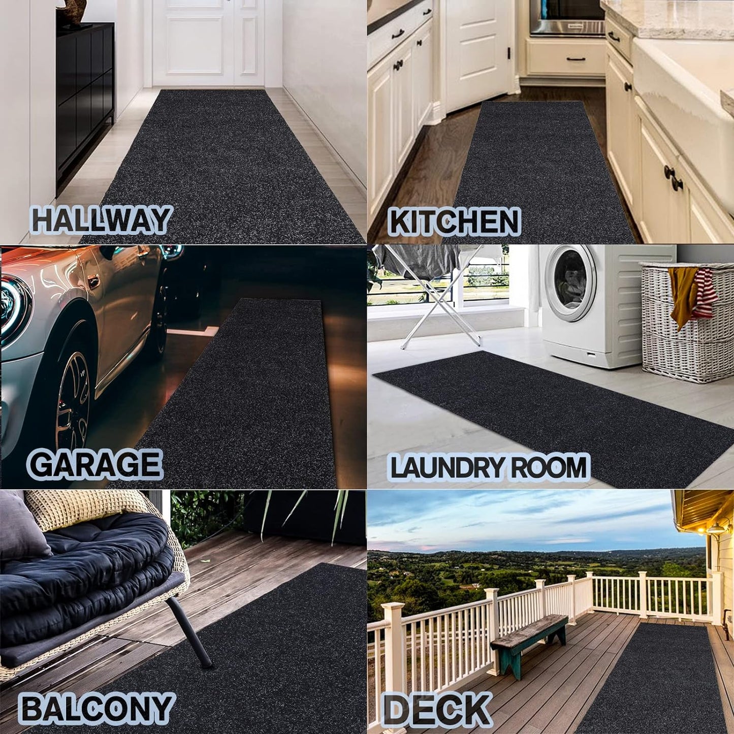 Custom Size Backed Non-Slip Area Rugs Runner, Easy Clean, Waterproof Runner Rugs for Hallway Entryway, Kitchen, Laundry, 2FT x 62FT, Black