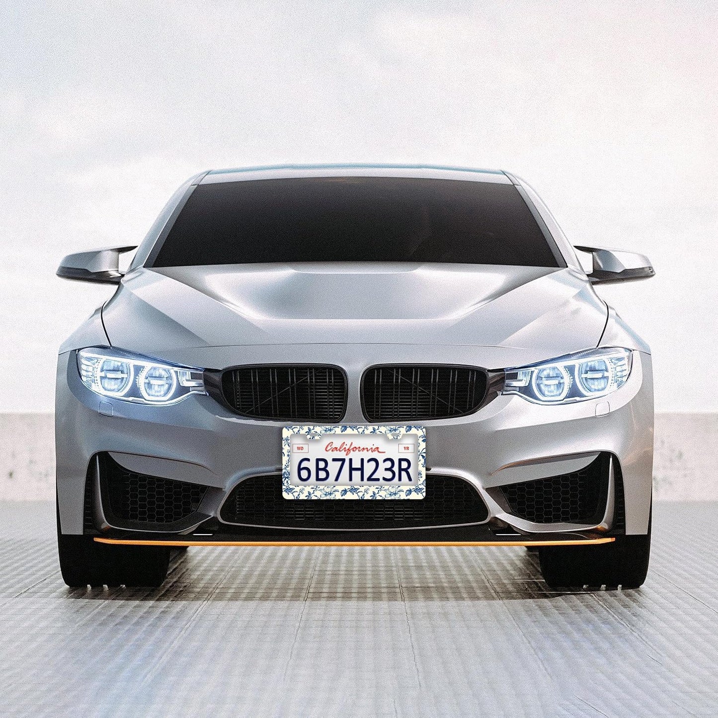 Blue Floral Flowers License Plate Frames - 2 Pcs Set 2 Holes Stainless Steel Metal Auto Car Accessories Decoration License Plate Frame Cover Size 6.3" x 12.2" Fit US Vehicles for Women Men Gift