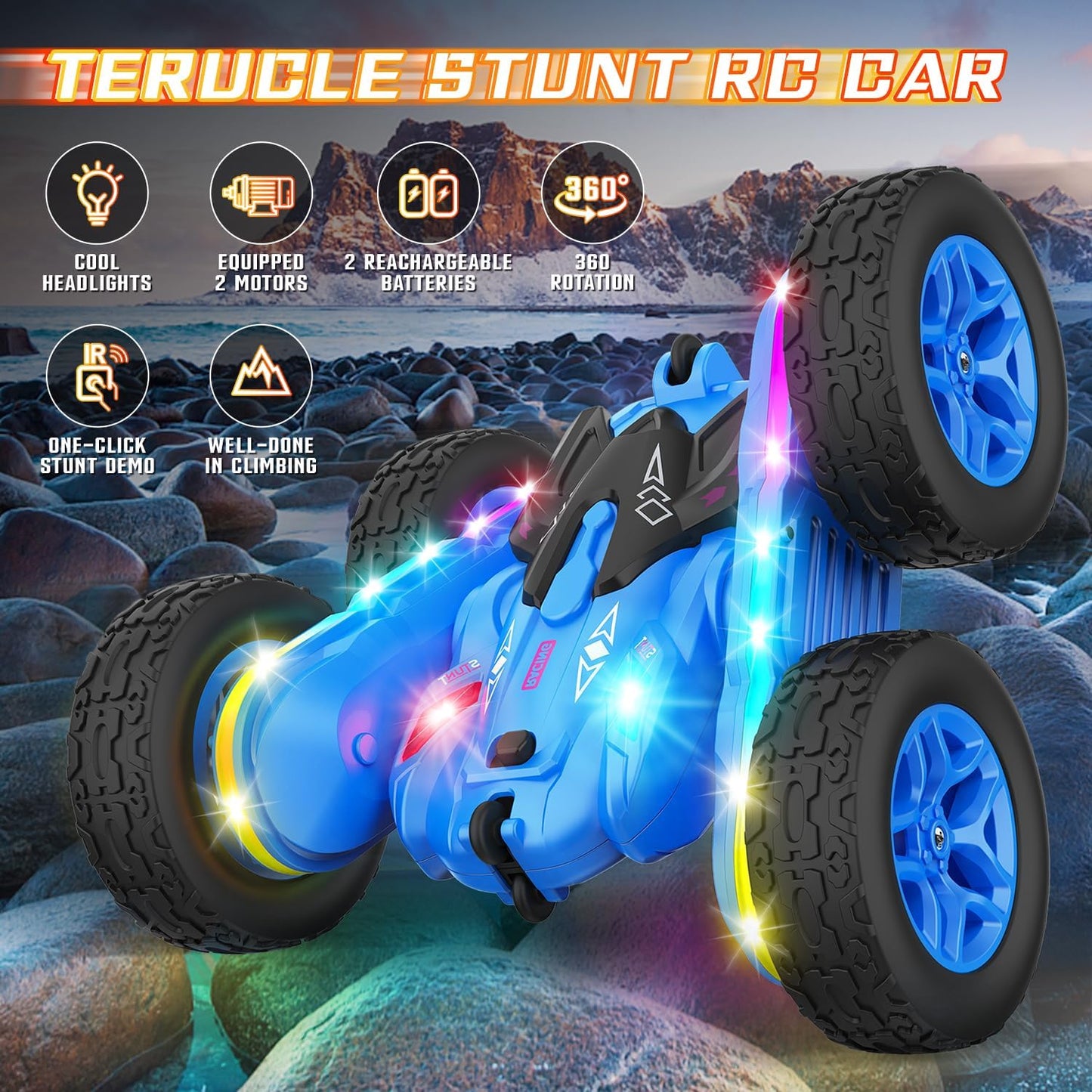Remote Control Car, Rc Cars Stunt Kids Toys New Upgraded Strip Lights and Headlights Double-Sided 360° Rotating 4WD Drift Truck for Boys Girls Birthday Gift (Blue)