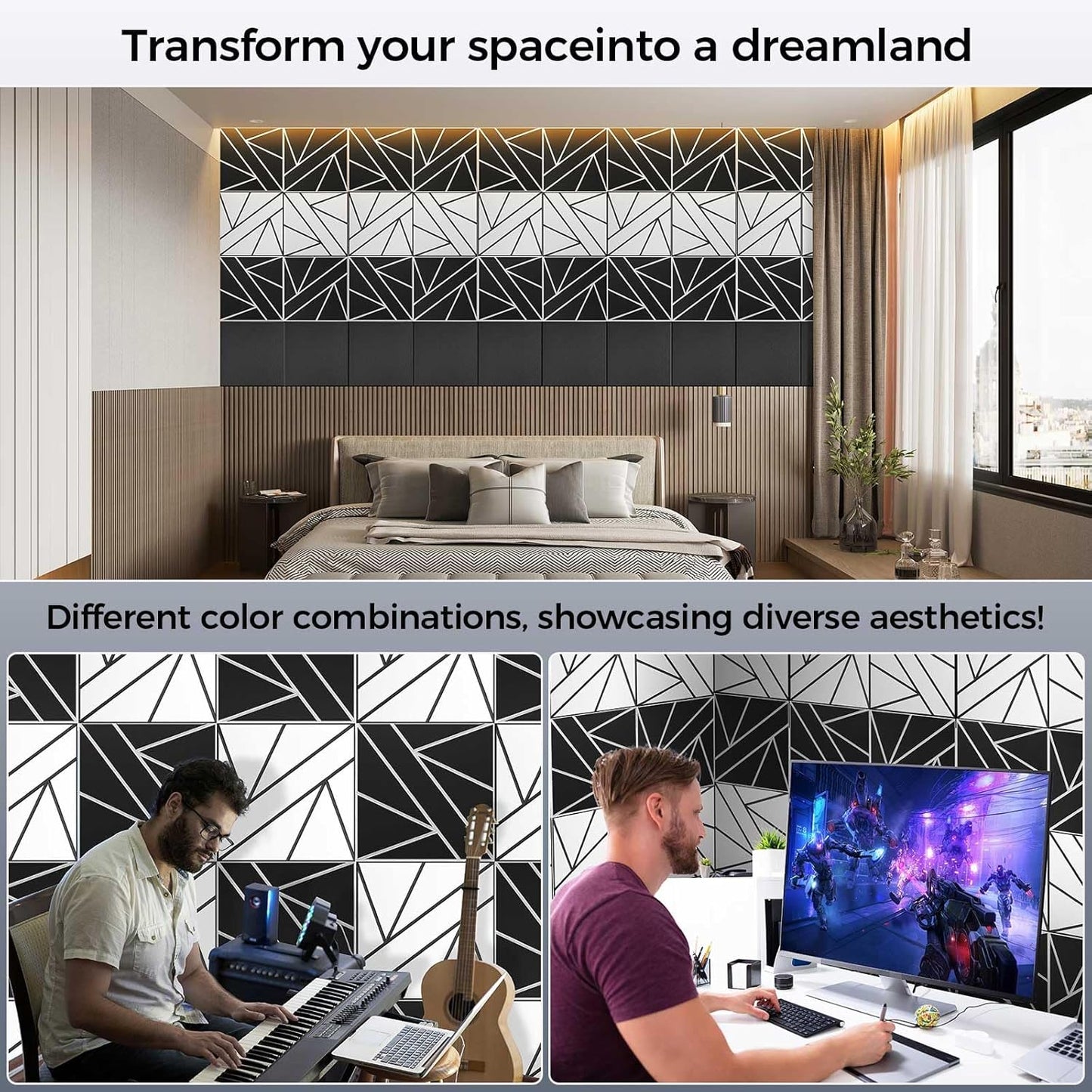 8 Pack 2-Layer Large Soundproof Wall Panels, 15.7 x 15.7 x 0.43 in Sound Proof Foam Panels for Walls, 1.2lb/ft* High Density, 3D Acoustic Panels,Artistic Noise Dampening Panels White&Black