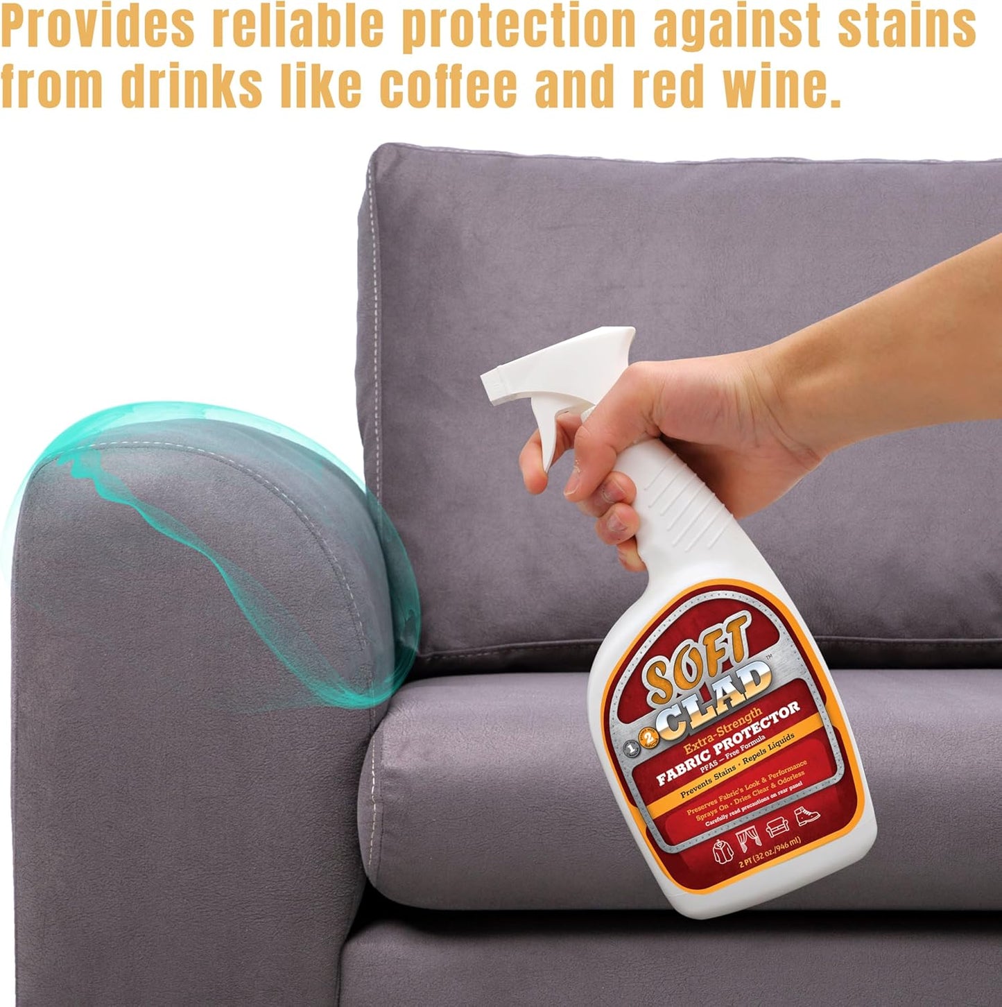 Extra Strength Fabric Protector Spray Prevents Stains and Repels Liquids. SoftClad Guards Furniture, Shoes, Carpet, Upholstery, Suede, Leather, Couch. Safe for Indoor Use. PFAS Free Formula 32oz