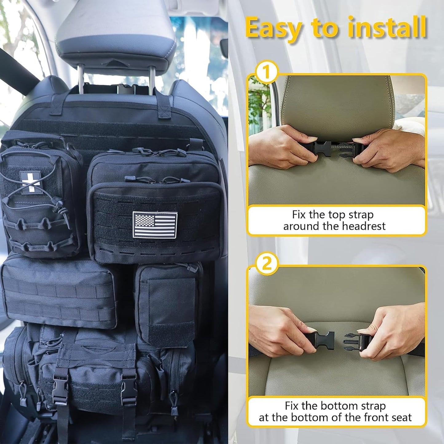 Universal Tactical Seat Back Organizer Vehicle Molle Panel Organizer Storage Bag with 5 Detachable Molle Pouch for All Vehicel Such as Jeep,Truck,SUV, Car, Ford,Chevy etc