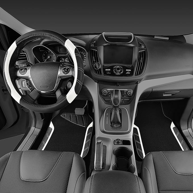 CAR PASS Leather Steering Wheel Cover and Waterproof Car Floor Mats, Microfiber Universal Car Combo Fit for 95% Sedan SUV Van,14.5-15 inch Sporty Anti-Slip Safety Comfortable Design, Black＆White