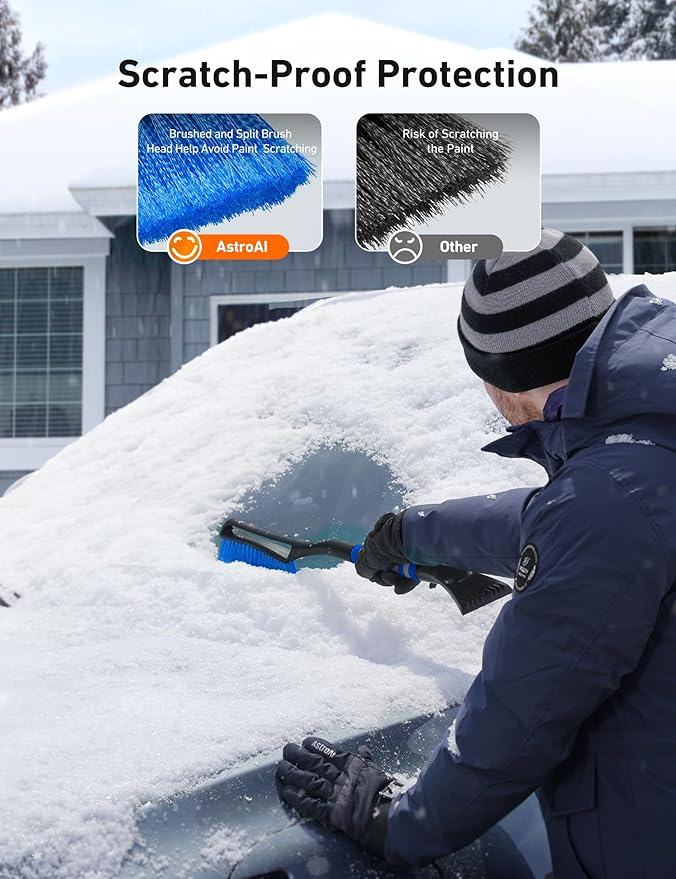 AstroAI 2 Pack 27" Snow Brush and Ice Scrapers for Car Windshield, Detachable Snow Scrapers with Ergonomic Foam Grip for Cars, Trucks, SUVs (Heavy Duty ABS, PVC Brush, Orange)
