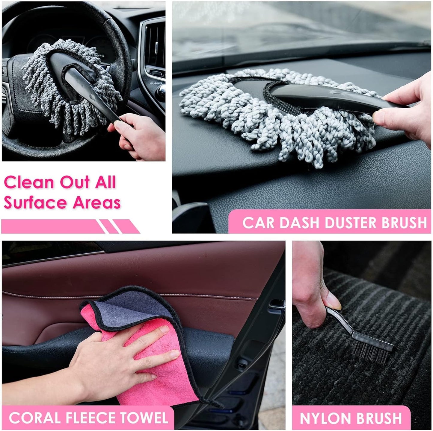 Viewsun Windshield Cleaner Tool, 17Pcs Pink Car Interior Cleaning Kit, Detailing Kit Cleaner, Detailing Brush, Cleaning Gel, Inside Cleaning Supplies Accessories for Women Girl Gift