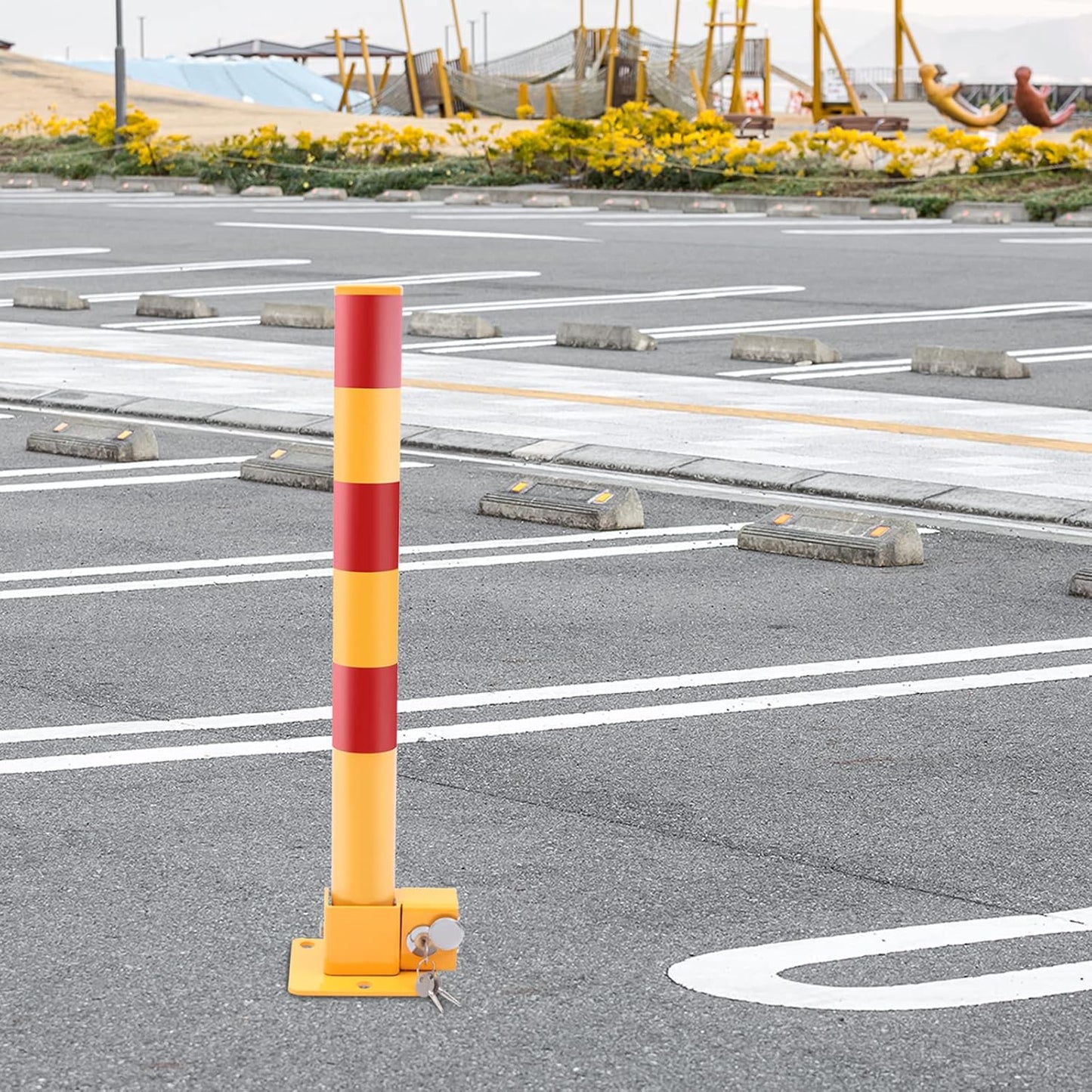 Spring Parking Post Wall Mount Parking Barrier with Lock Folding Metal Parking Obstacle Piles with Warning Stripes Driveway Parking Interceptor Bollard for Parking Lot -Red/Yellow (5.1*4.3*23.6in)