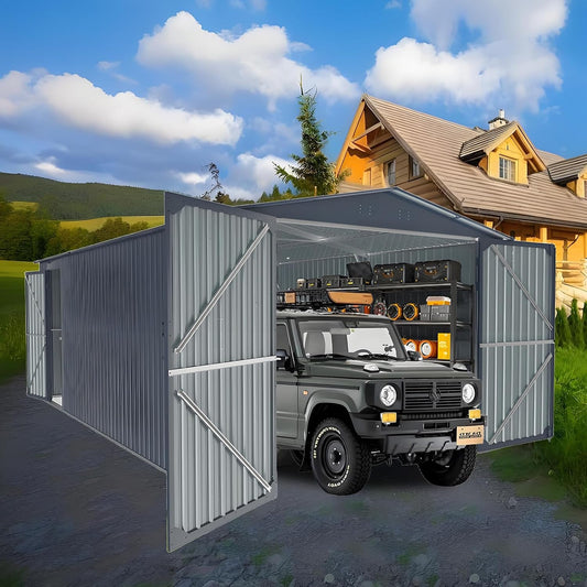 LANTRO JS 13x20ft Outdoor Storage Shed, Metal Storage Shed, Heavy Duty Large Metal Garage Shed with 2 Doors and 4 Vents
