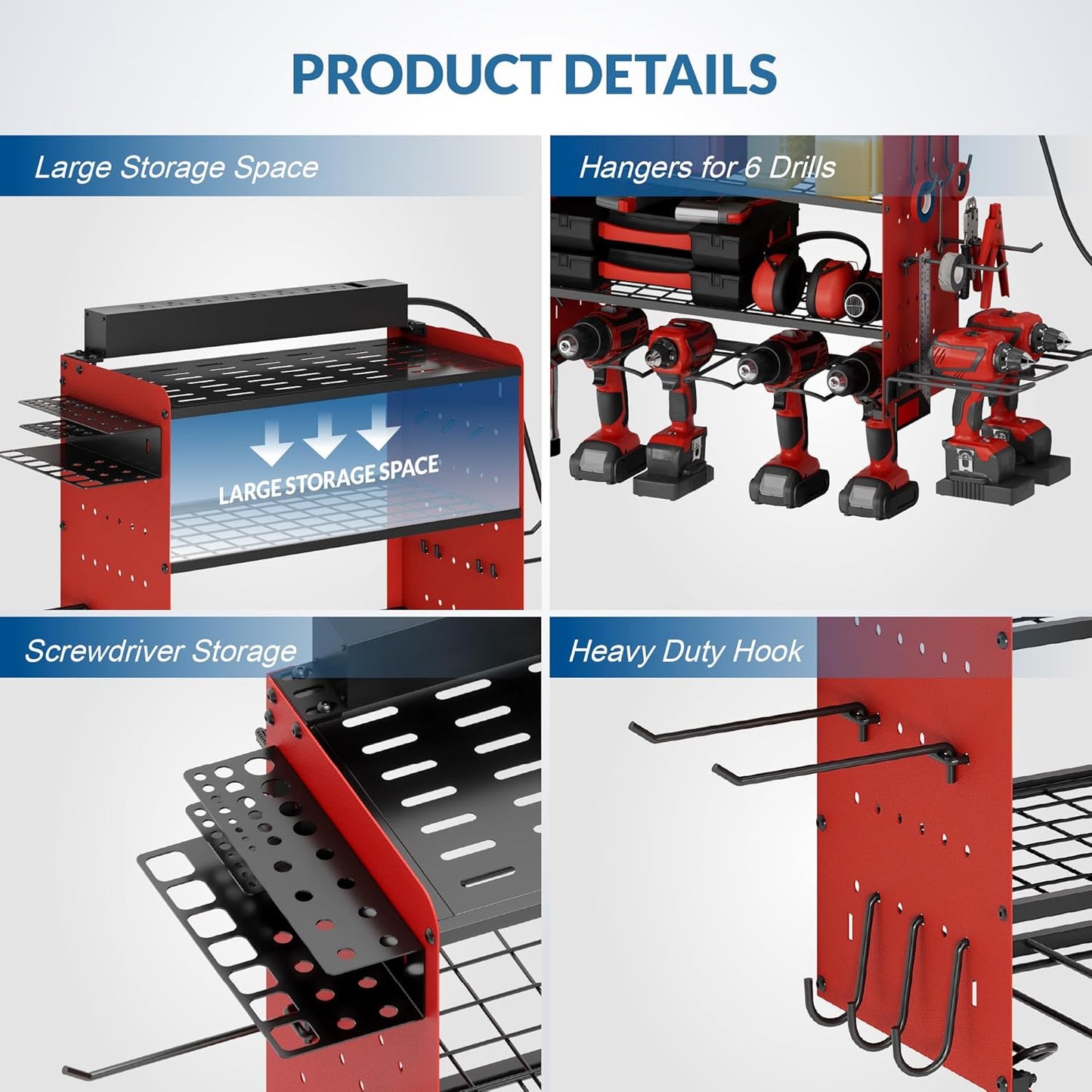 Power Tool Organizer with Charging Station, 4 Layers Garage Storage Rack with 6 Drill Holders, Father's Days Gift For Dad, Wall Mount Garage Organizer Built in 8 Outlets Power Strip, Red
