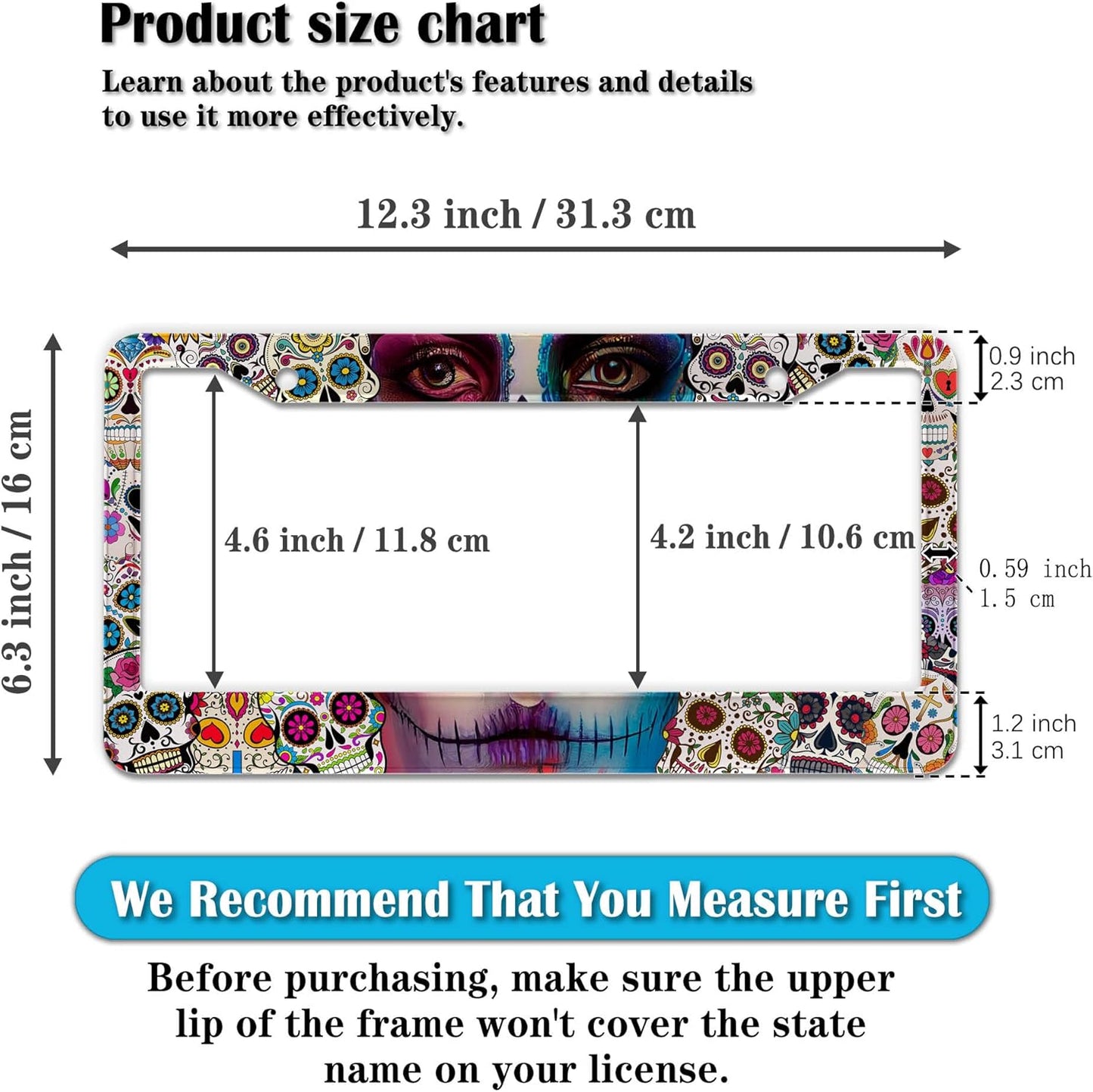 License Plate Frames for Women Multicolor Plate Cover for Men Sugar Skull Universal Aluminum Car Accessory 2 Pack with Screw Covers Set