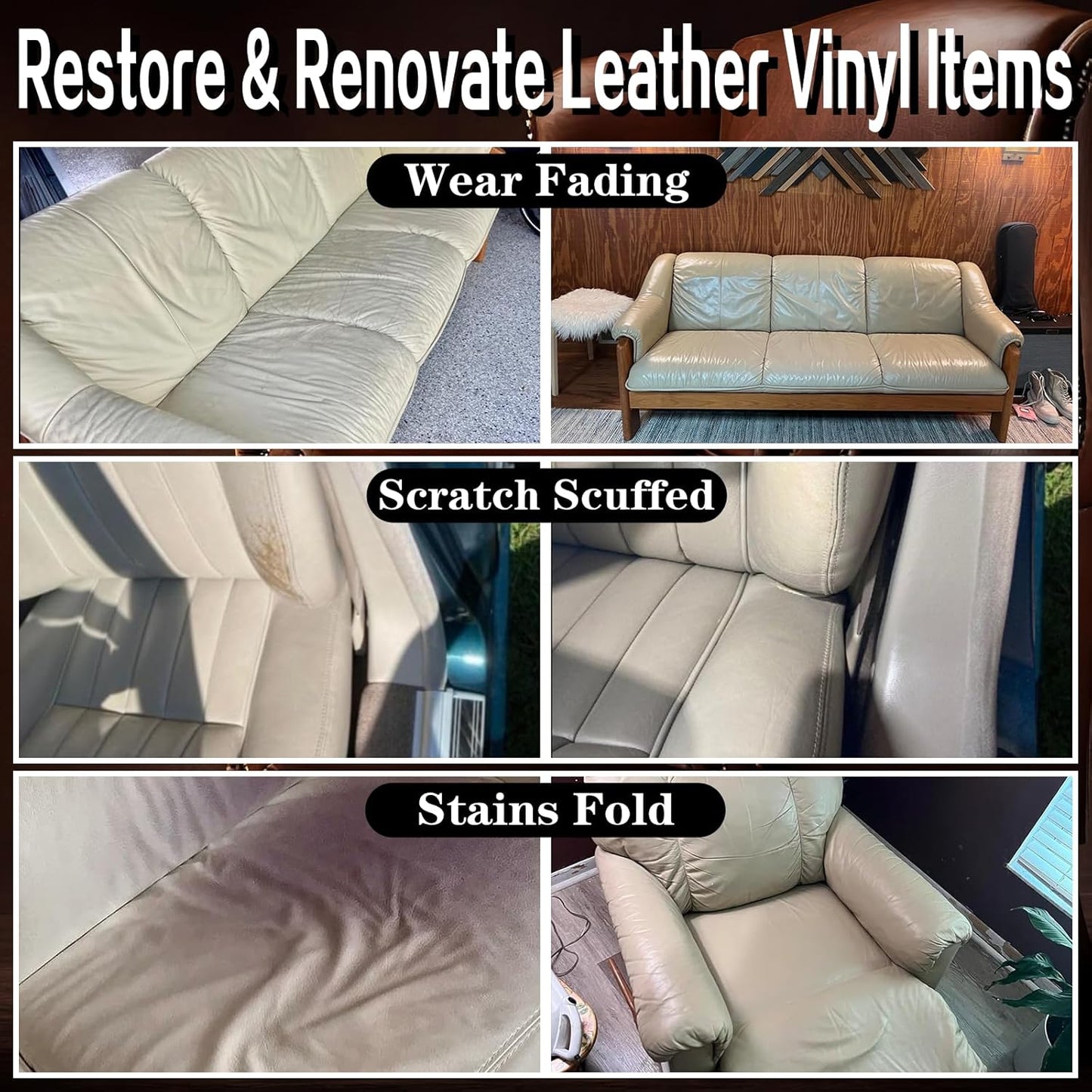 Beige Leather Repair Kit for Furniture Vinyl Car Interior Steering Wheel Car Seats Color Restorer Cream Leather Recoloring Balm Fade Better Couch Conditioner Scratch Stain Remover Dye Paint Sofa