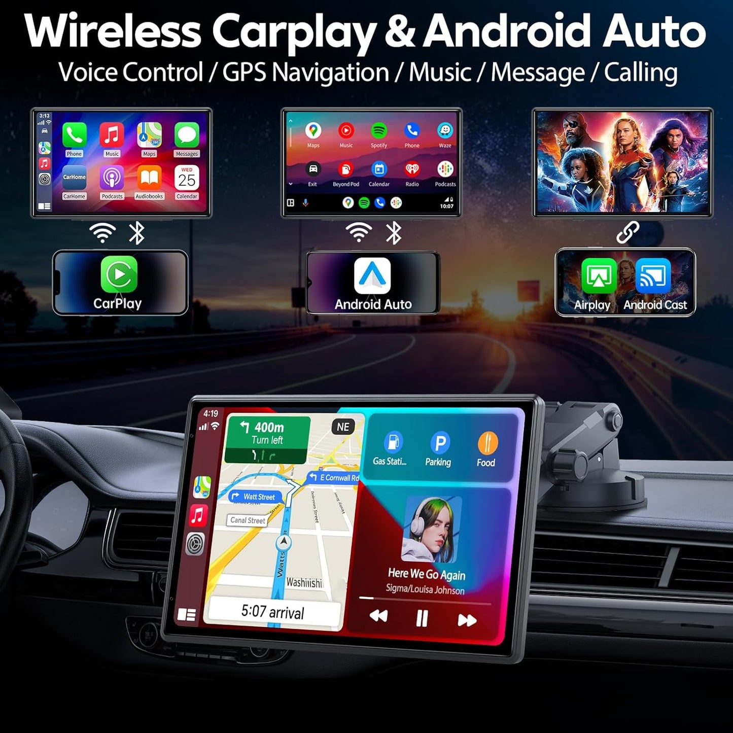 Wireless CarPlay Screen for Car - Portable Dash 9" HD IPS Screen with Strongest Suction Mount, Android Auto, GPS Navigation, Bluetooth Handsfree, Airplay, MirrorCast, Fit Most Cars