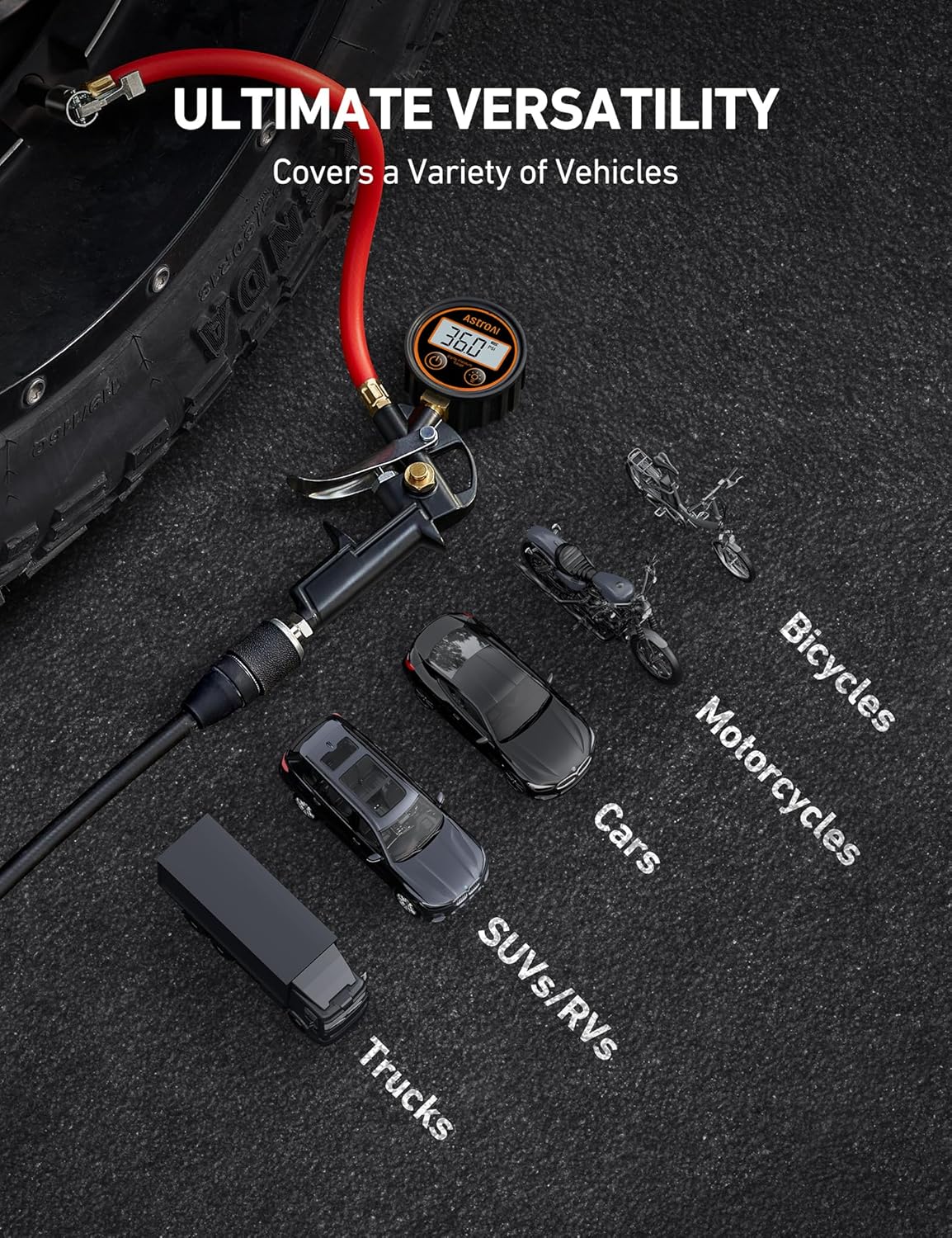 AstroAI T1 Digital Tire Pressure Gauge with Inflator, 3-250 PSI Air Chuck with Pressure Gauge, Heavy Duty with Quick Connect Coupler, Calibrated to ANSI B40.7 Grade 2A