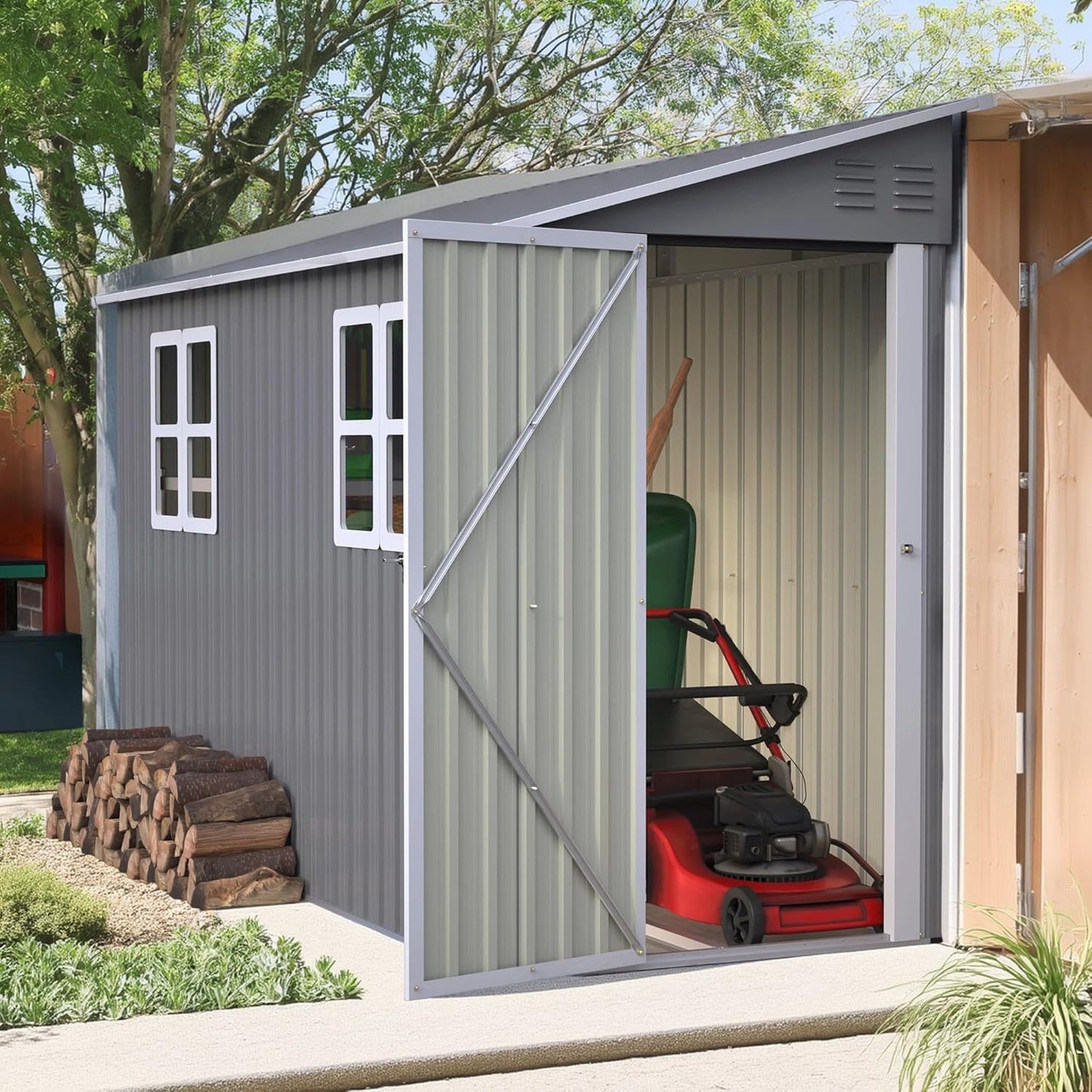 4 x 10 FT Metal Outdoor Storage Shed with Foundation and 2 Windows, Lean to Storage Sheds w/Lockable Door & Air Vents, All Weather Waterproof Garden Tool House for Backyard, Patio, Lawn, Gray