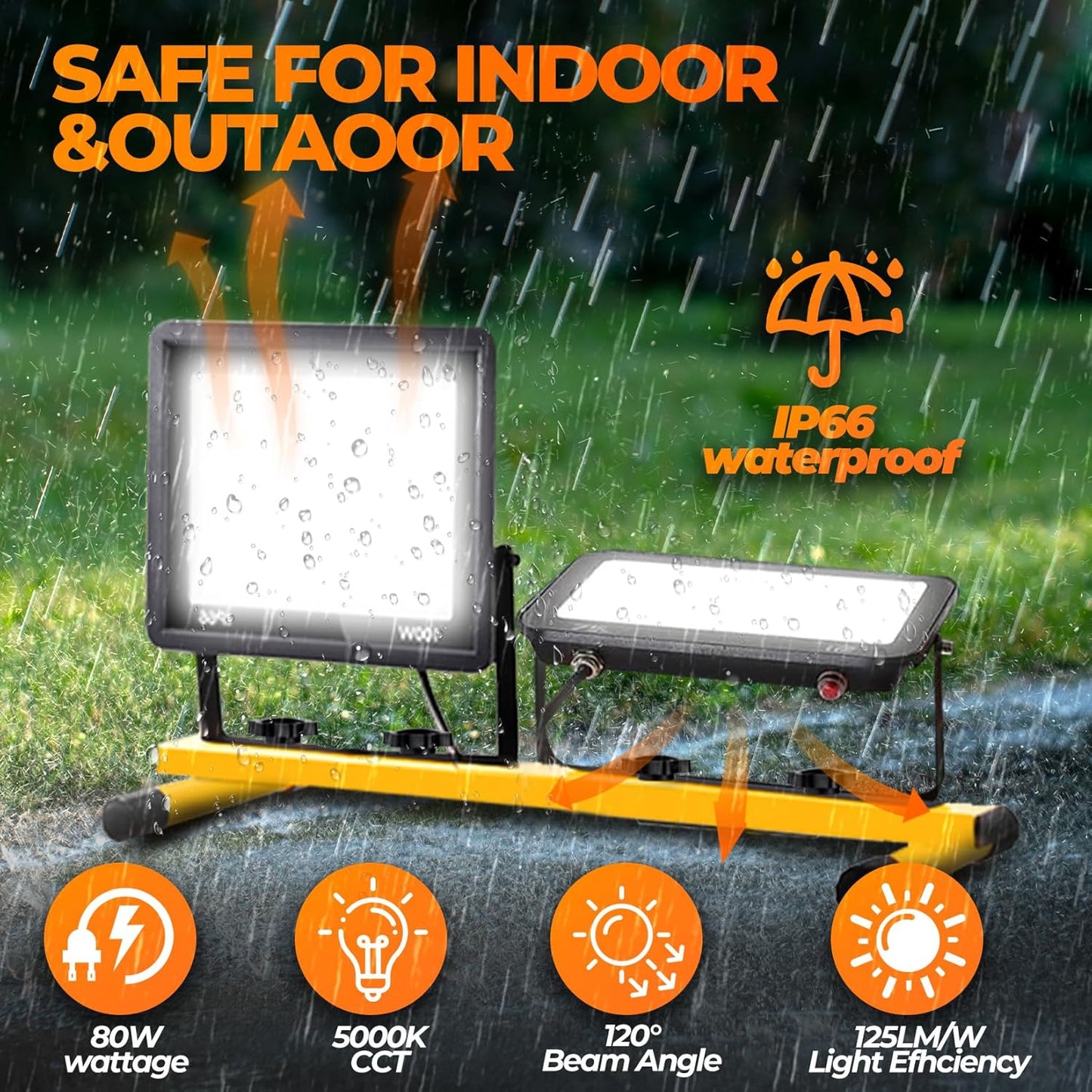 Work Lights with Stand, 2 Adjustable Head LED Work Light，Foldable Tripod Stand and Portable Removable Led Construction Lights with Individual Switch with 6500 Kelvin Color