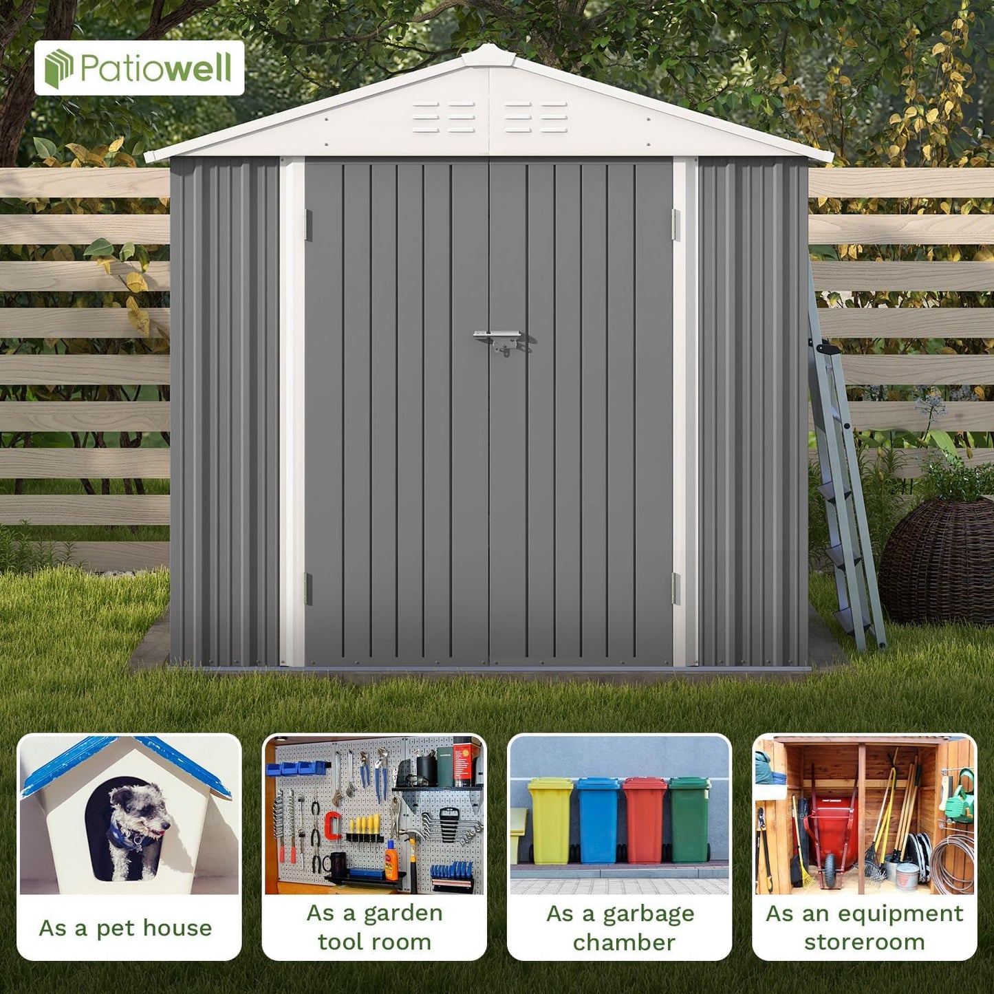 Patiowell 8x6 FT Outdoor Storage Shed, Garden Storage Shed with Sloping Roof and Double Lockable Door, Outdoor Shed for Backyard Garden Patio Lawn, Gray