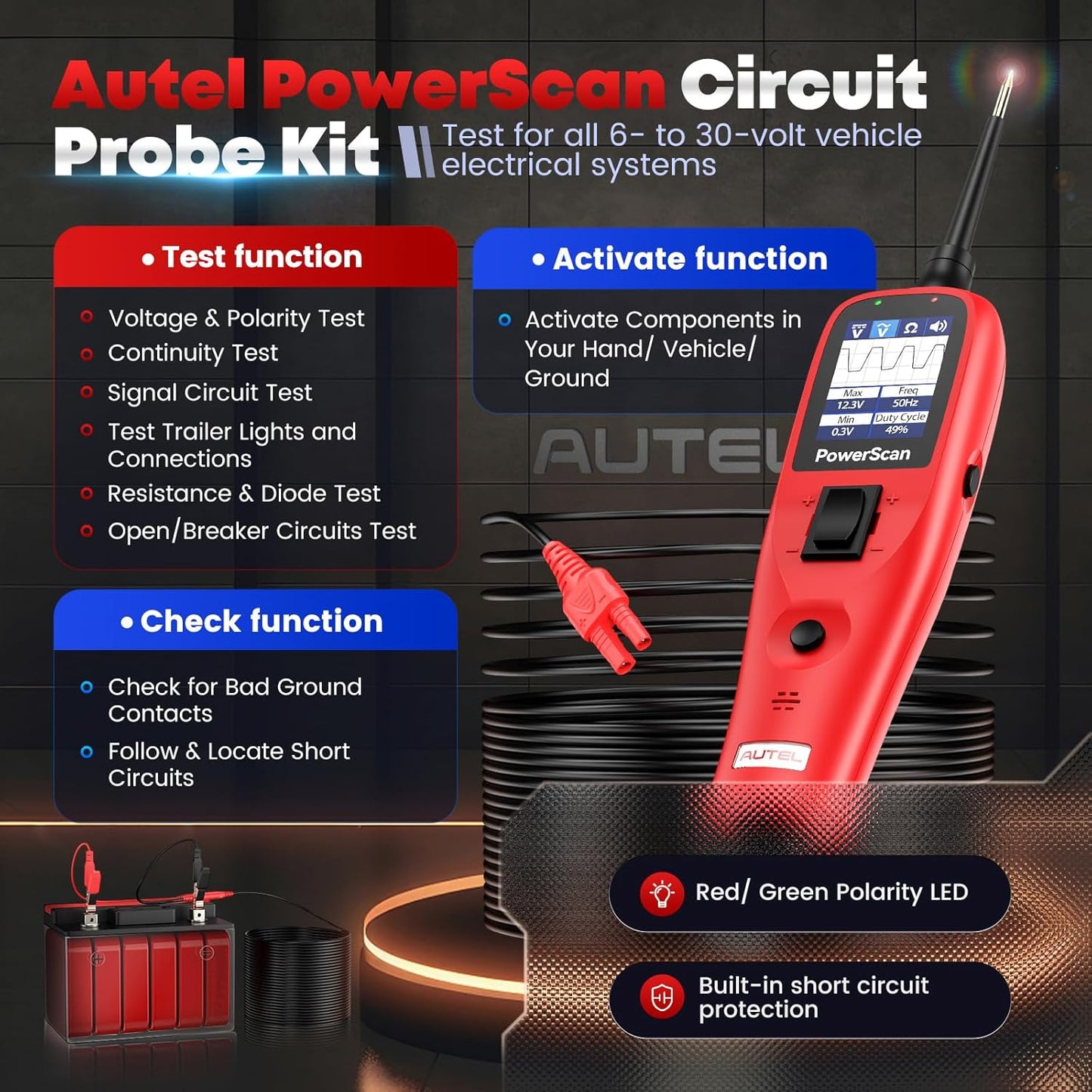 Autel PowerScan Automotive Circuit Tester, Power Circuit Probe Tool, 12-24V Electrical Short Open Breaker Circuit Finder, AC/DC Current Resistance, Duty Cycle, & 20FT Extension Cord, for 99% Cars
