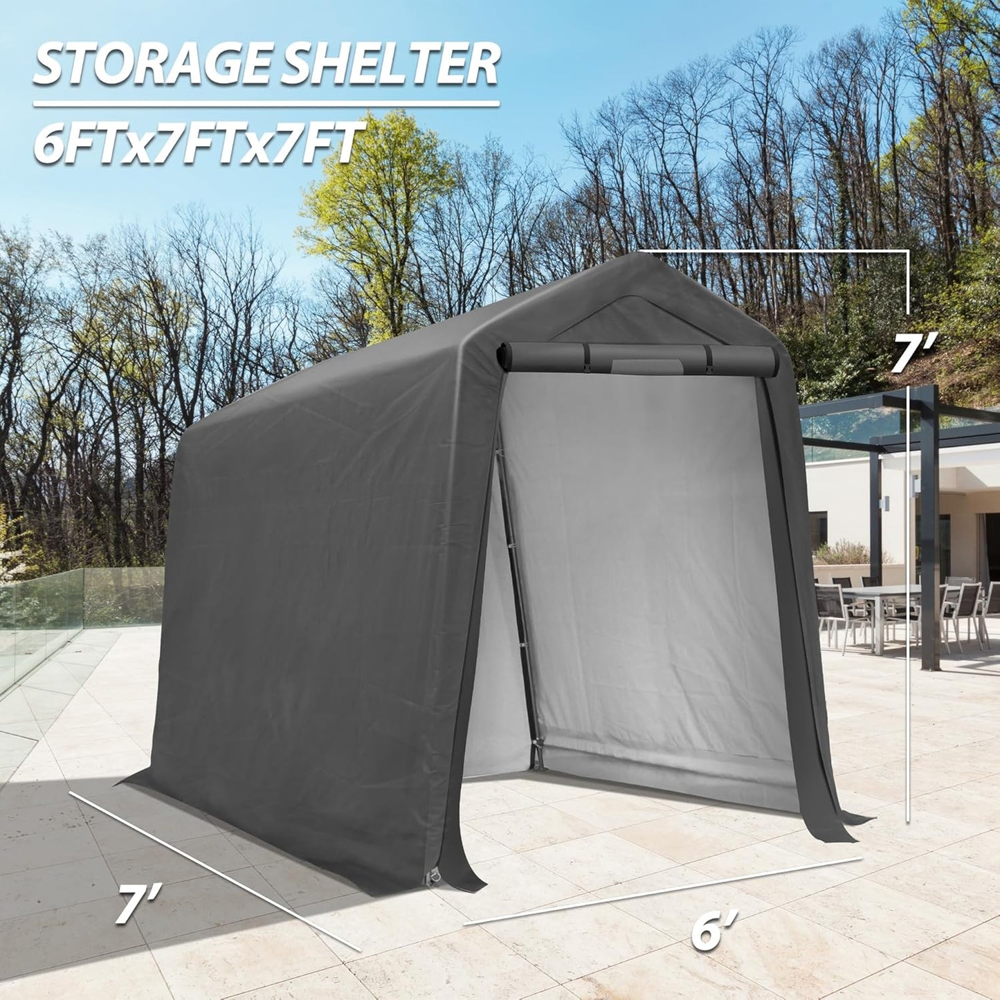 6x7Ft Outdoor Storage Shed, Portable Storage Shed with Roll-up Ventilated Door,Heavy Duty Waterproof Shelter Tent Carport for Motorcycle, Firewood, Garden Tools
