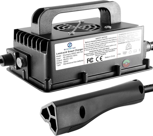 800W Lead Acid Battery Charger 48 Volt 15 AMP 3-Pin Triangular Plug EZGO RXV & TXT Golf Carts