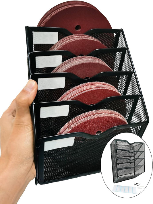 5-Tier Wall Mount All Metal Sandpaper Organizer, Hanging Sandpaper Storage Rack Holder for 5" & 6" Sanding Discs, Woodworking Tool Box Accessories (Black)