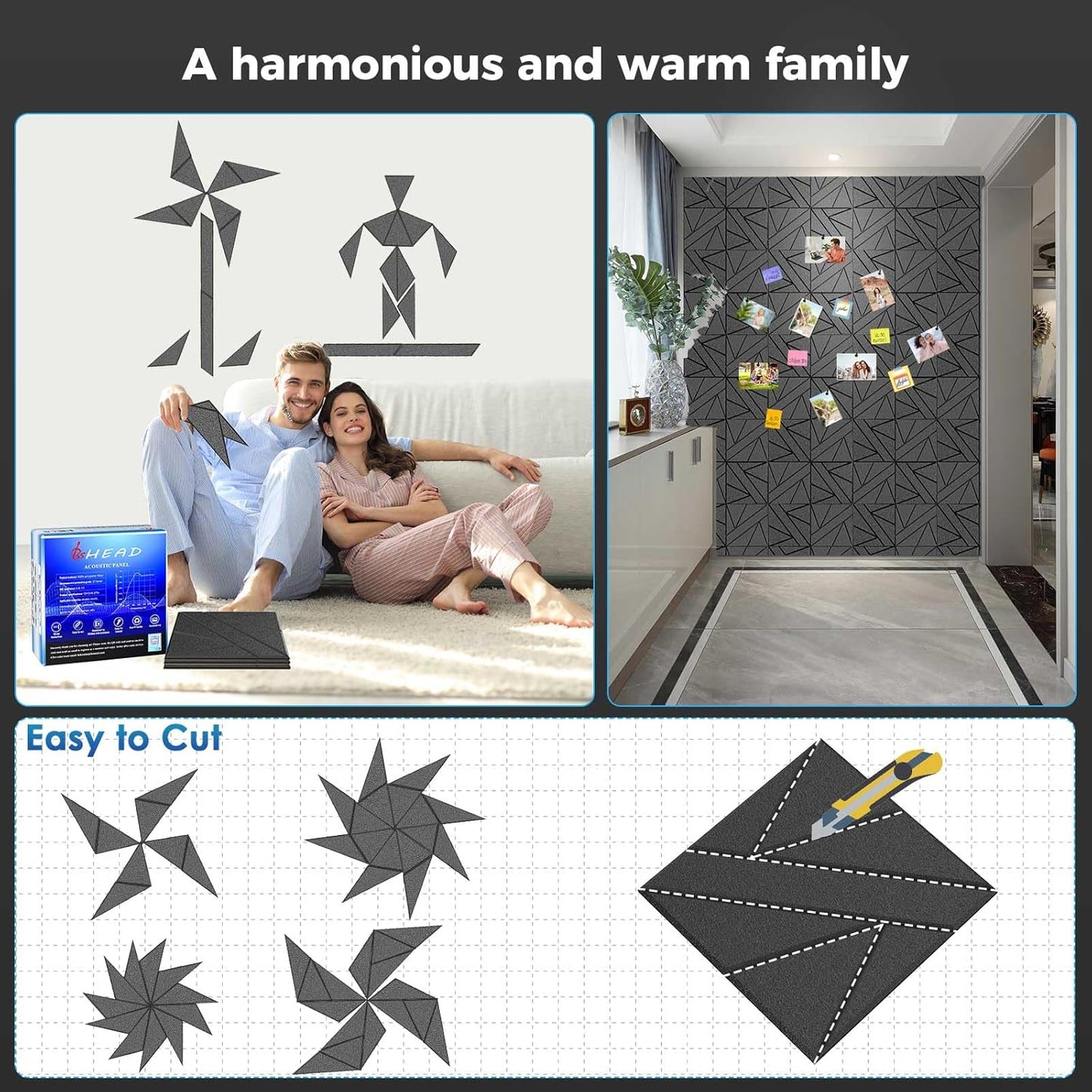 50 Pack Bulk Self-Adhesive Soundproof Wall Panels, 12 x 12 x 0.47 In Sound Proof Foam Panels for Walls, 1.2lb/ft³ High Density, Thicker 0.47in, Acoustic Panels, Duty for Large Walls Black