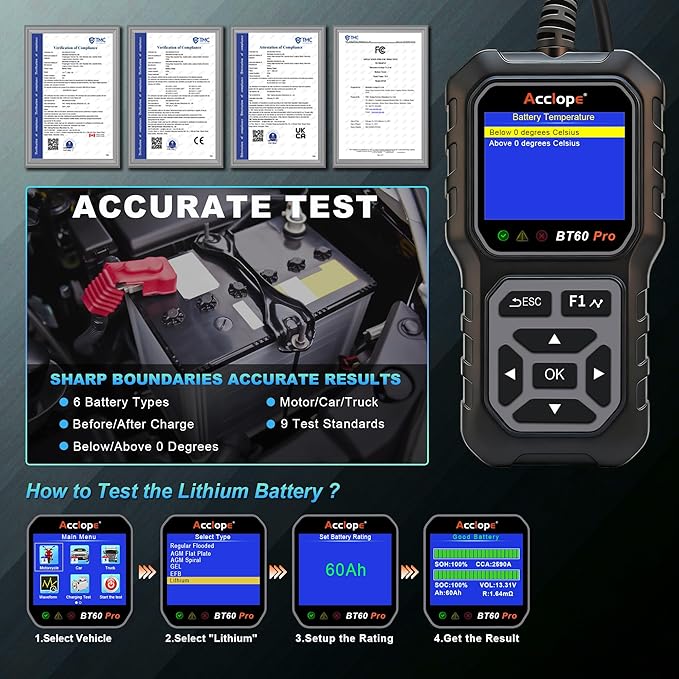 BT60 Pro Car Battery Tester, Digital Analyzer with Cloud Printing, 6V/12V/24V Battery Checker for AGM, Lithium, Gel Batteries, 100-3000 CCA Range, Automotive Charging System