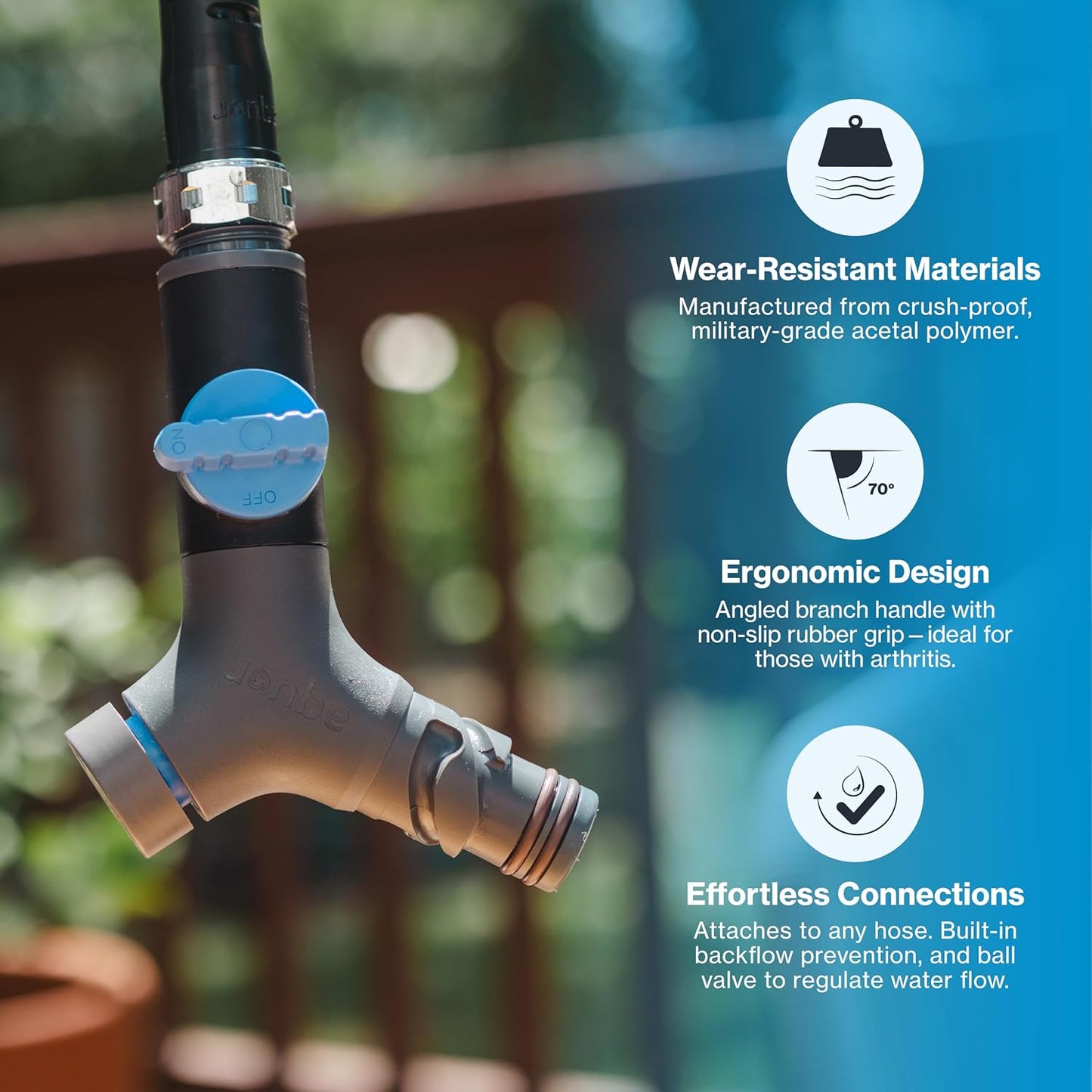 Aquor Comfort Grip VB Hose Connector – Garden Hose Connector with Built-In Vacuum Breaker & Ball Valve, Backflow Prevention, Ergonomic Non-Slip Grip – Slate Gray, Compatible with Aquor Hydrants