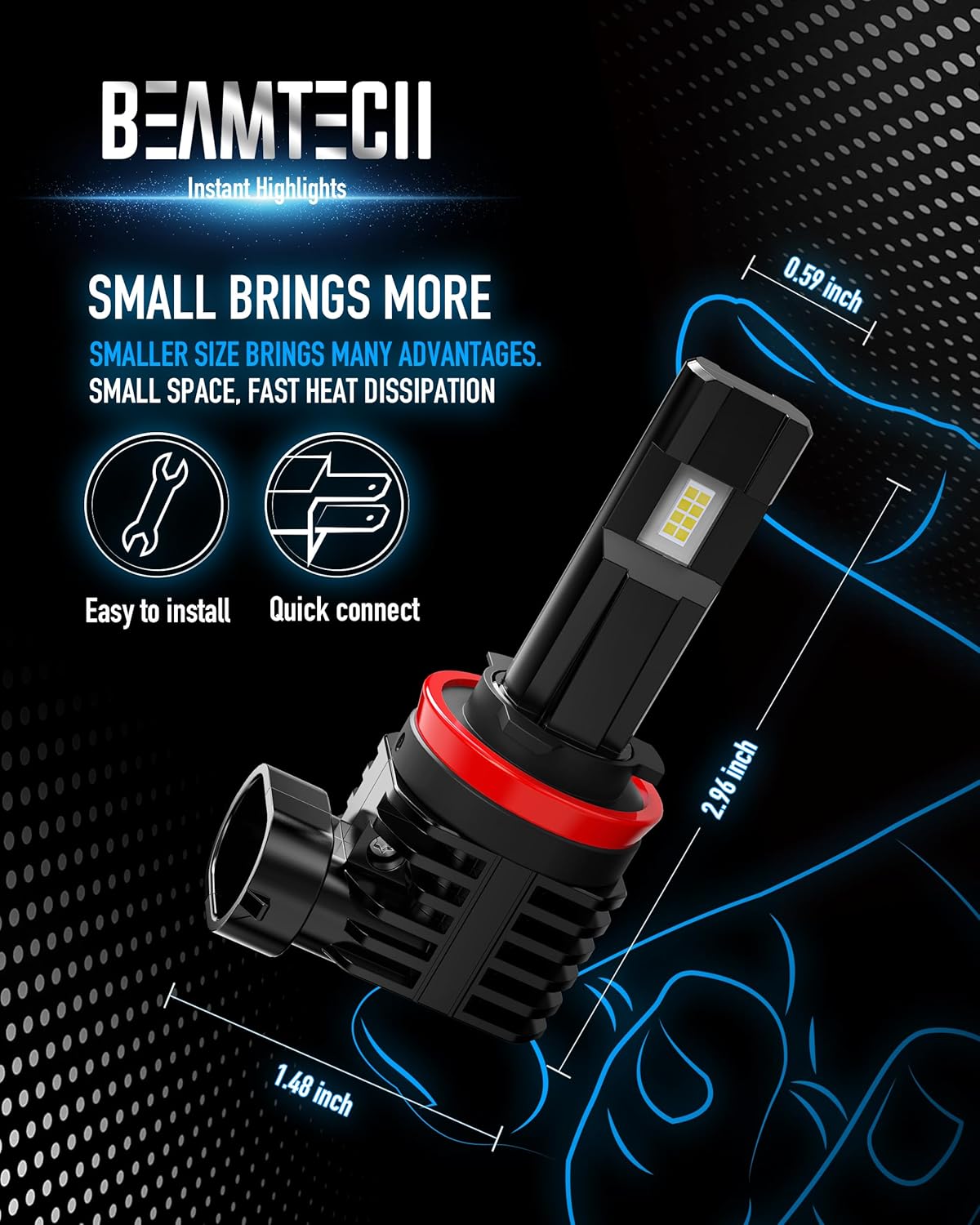 BEAMTECH H11 Bulb, H8 H9 Fog Light Bulb Fanless in Line 6500K Light Bulb Pack of 2